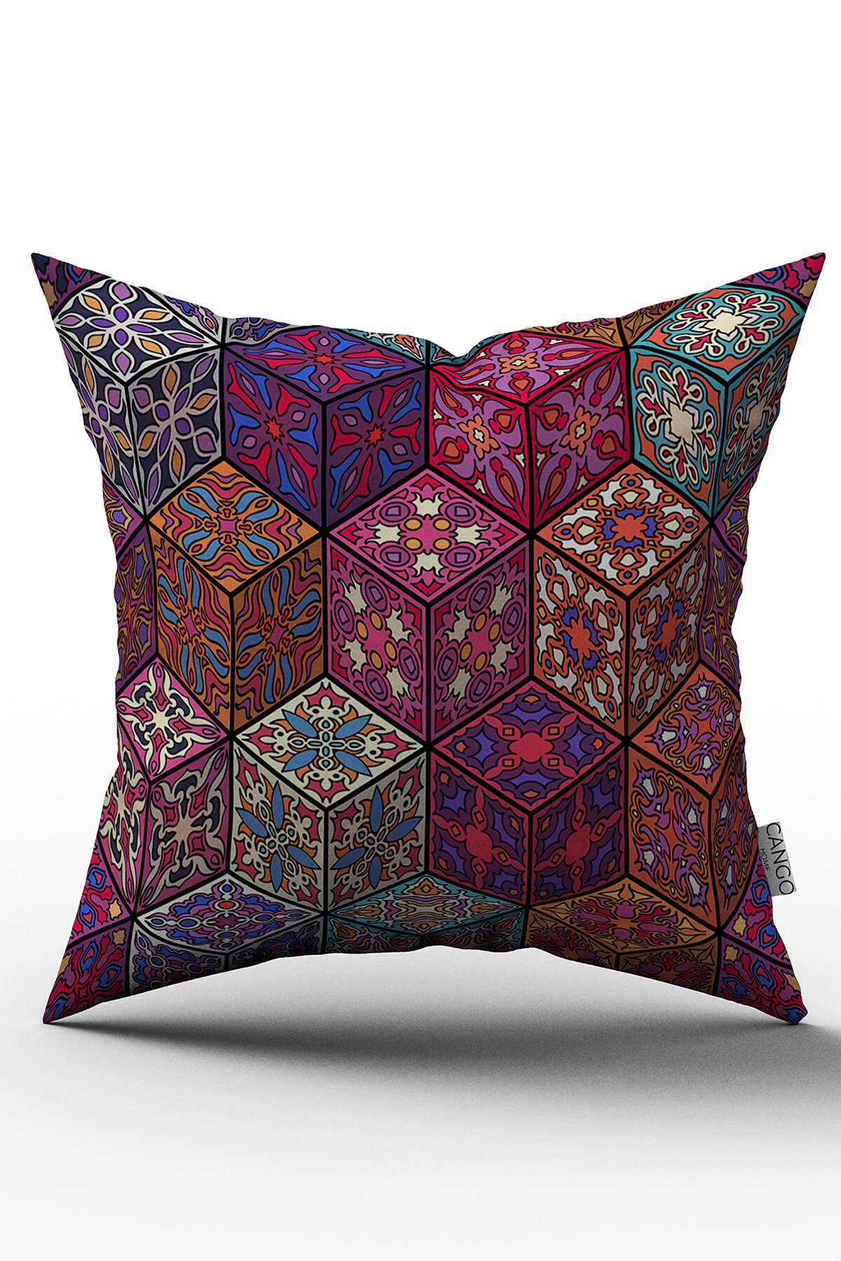 Çift Taraflı Pembe Çok Renkli Retro Vintage Desenli Dijital Baskılı Kırlent Kılıfı - OTYK292-CT
