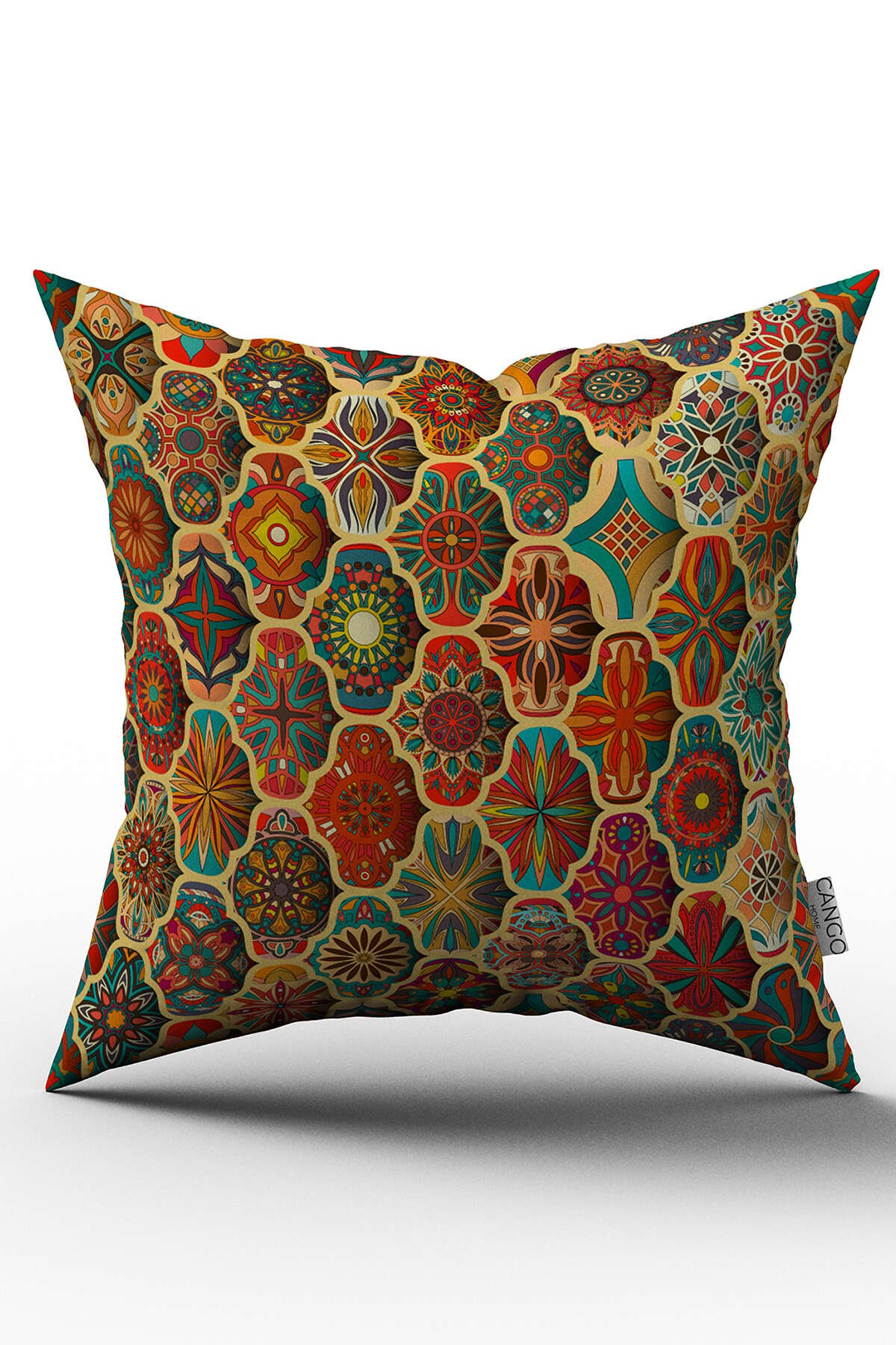 Çift Taraflı Sarı Çok renkli Retro Vintage Desenli Dijital Baskılı Kırlent Kılıfı - OTYK275-CT