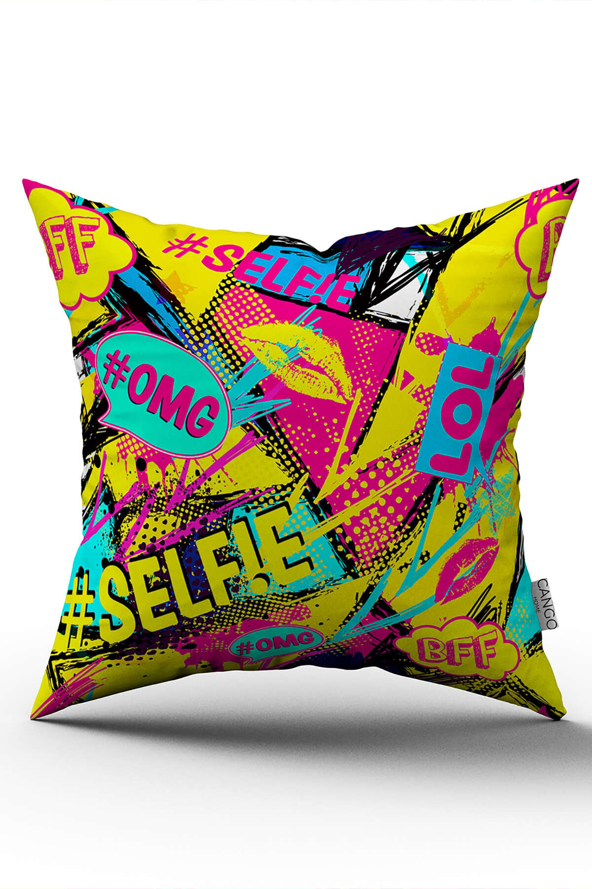 Çift Taraflı Siyah Çok Renkli Popart Tarz Modern Dijital Baskı Kırlent Yastık Kılıfı - CGH442-CT