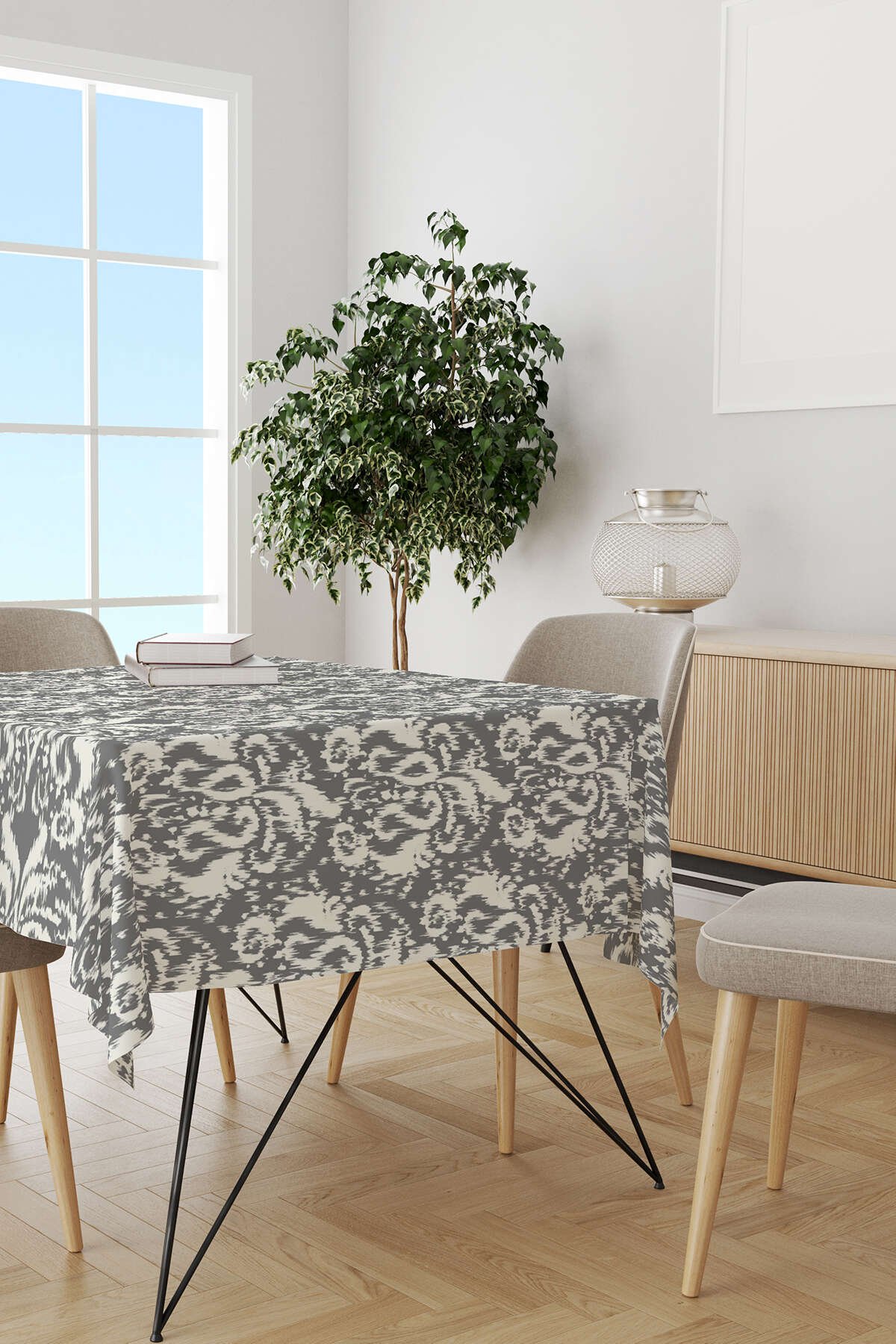 Gri Beyaz Damask Desenli Masaörtüsü CGH115-MS