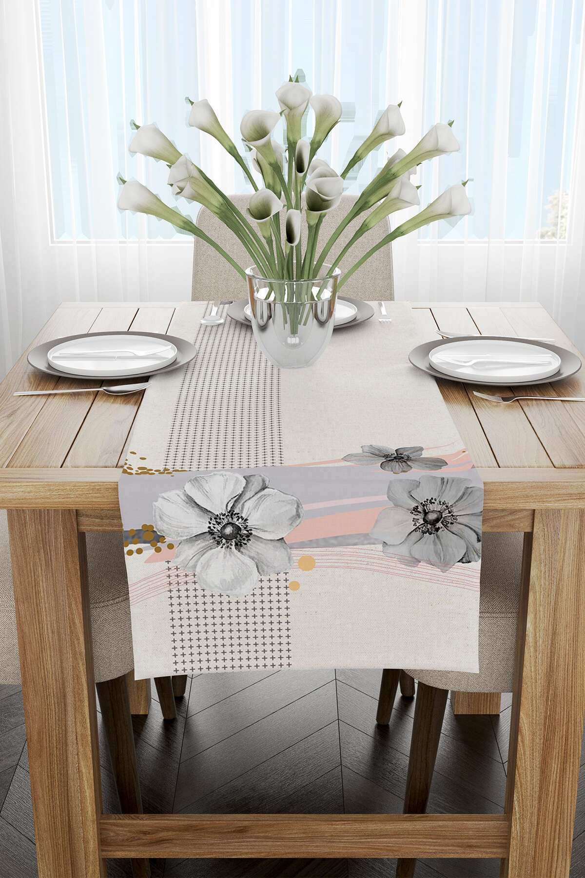 Gri Pembe Modern Çiçek Desenli Dijital Baskılı Runner CGH1085-RN