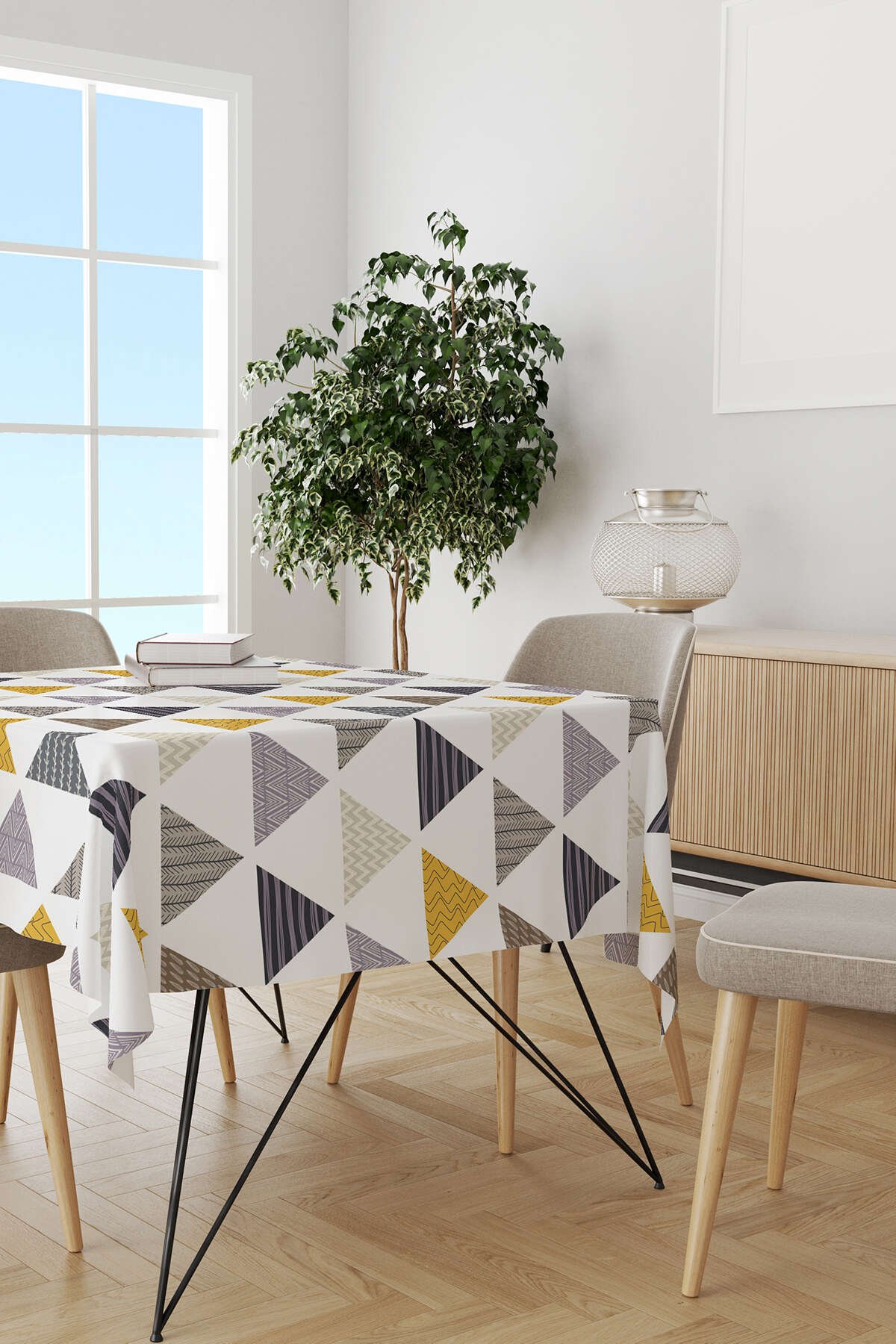 Gri Sarı Geometrik Desenli Masaörtüsü CGH078-MS