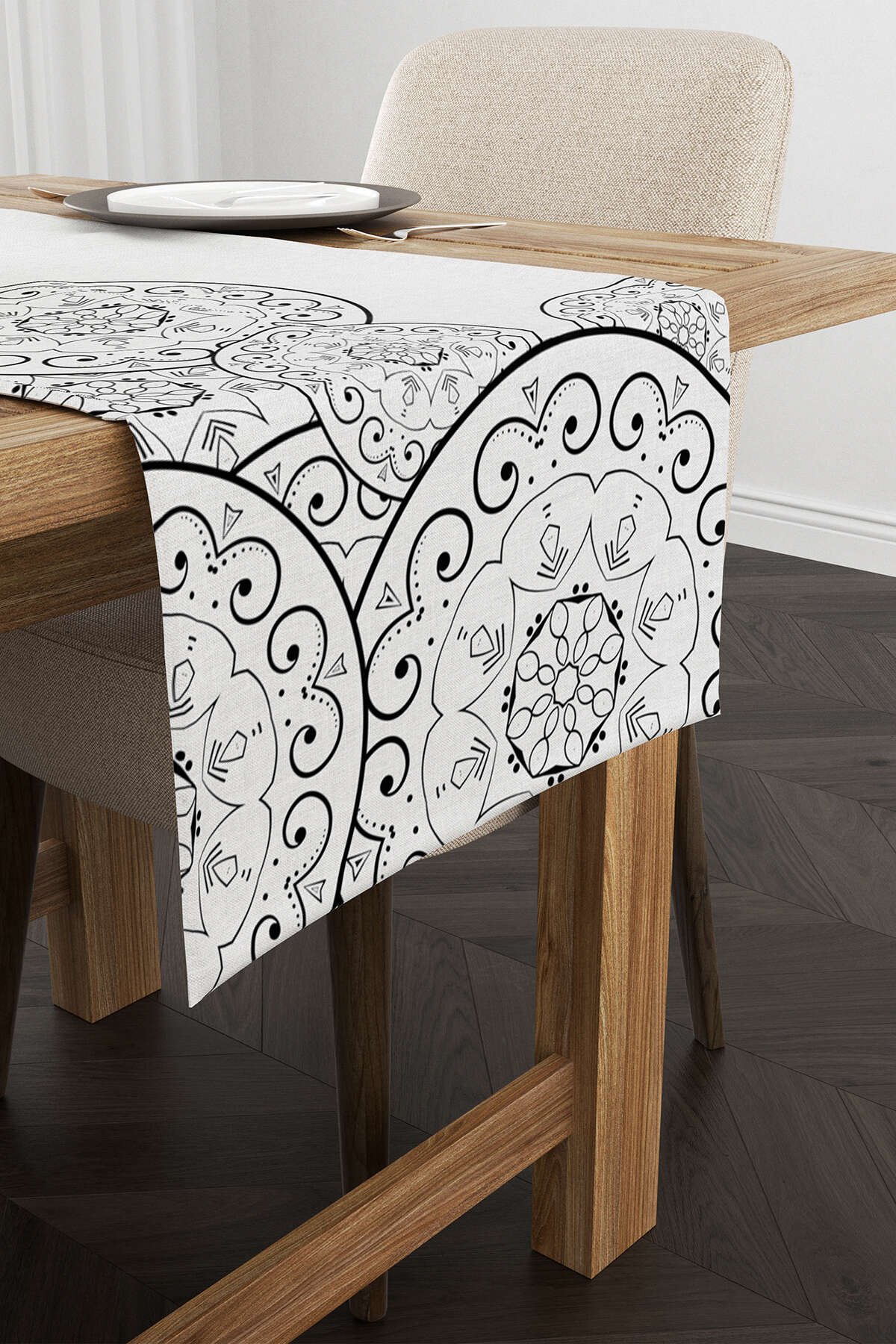 Gri Siyah Ramazan Temalı Motif Desenli Dijital Baskılı Runner CGH1340-RN