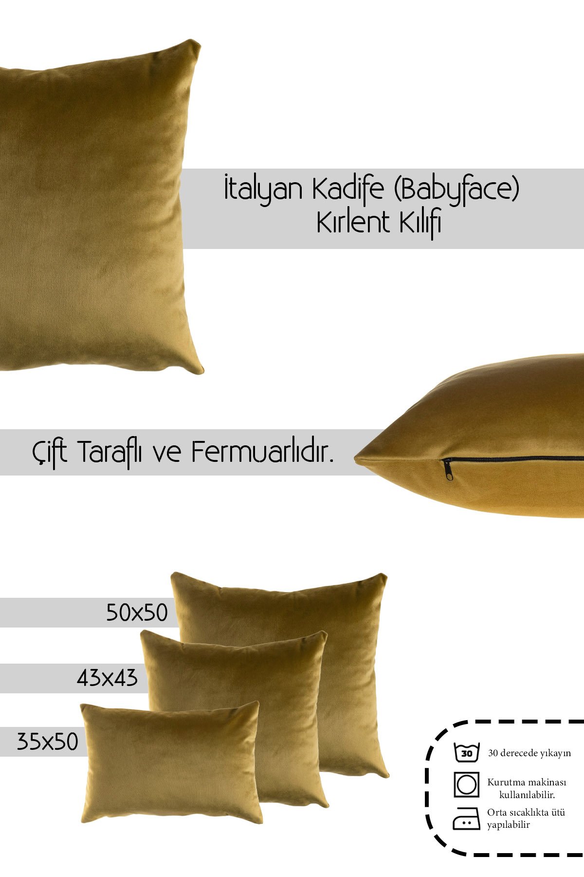 Hardal Sarı Kadife (Babyface) Çift Taraflı Kırlent Kılıfı