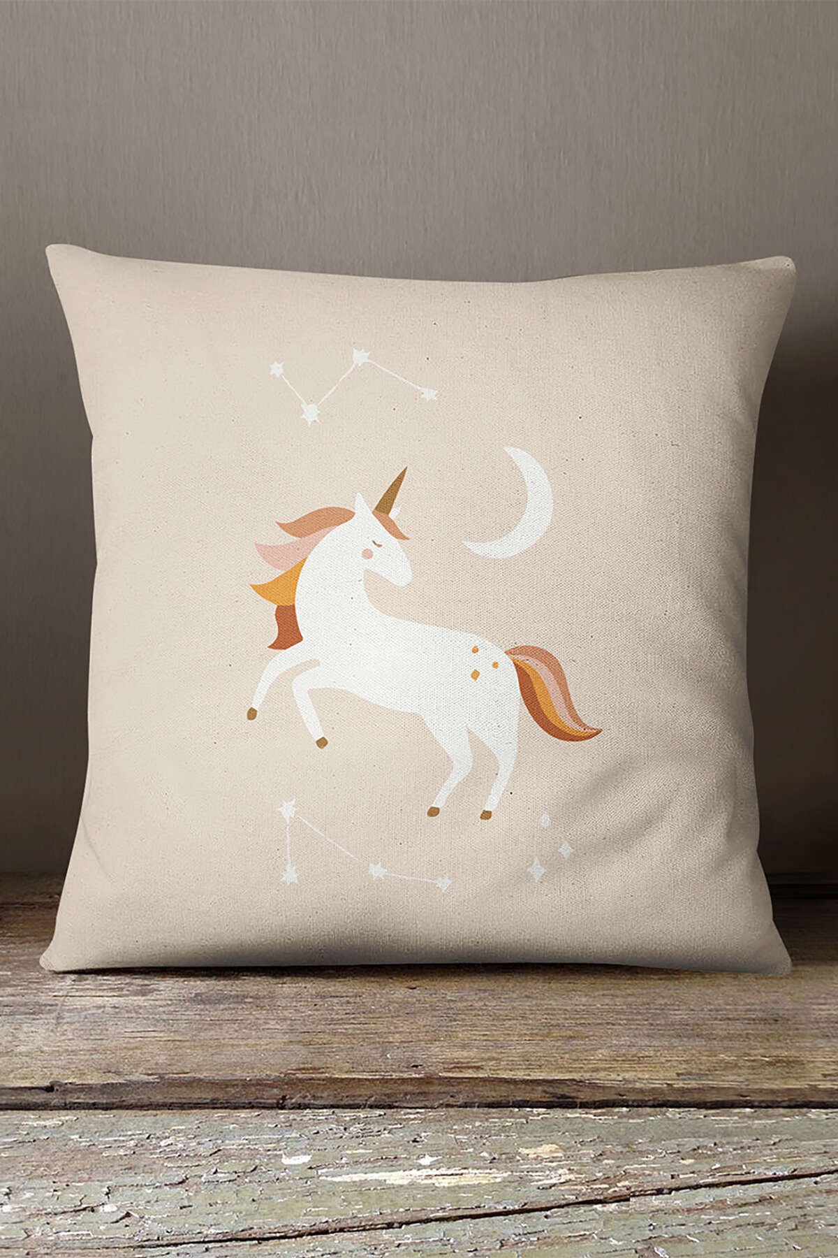 Kadife Babyface Krem Turuncu Bohem Unicorn Desenli Dijital Baskılı Kırlent Yastık Kılıfı  CGH729
