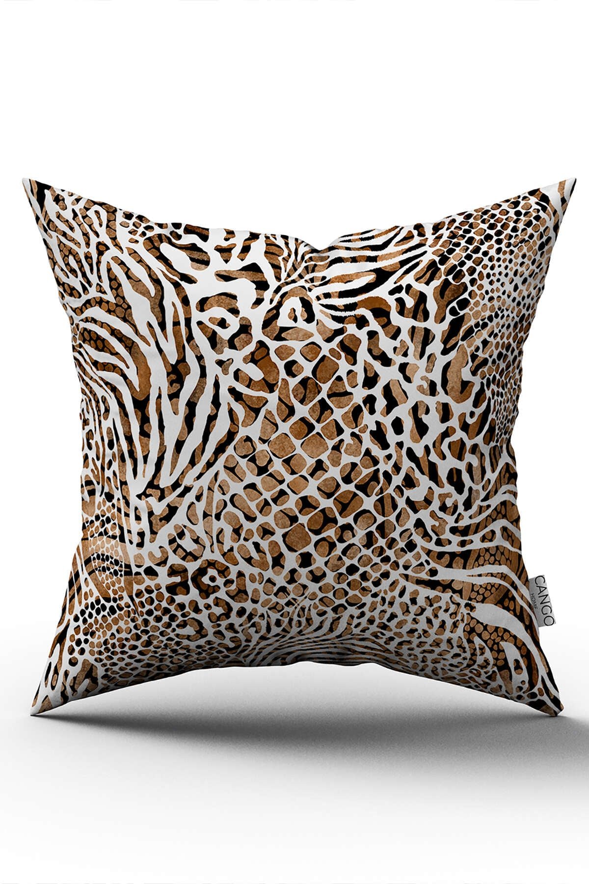 Kahverengi Beyaz Leopar ve Zebra Desenli Dijital Baskı Kırlent Yastık Kılıfı - CGH346