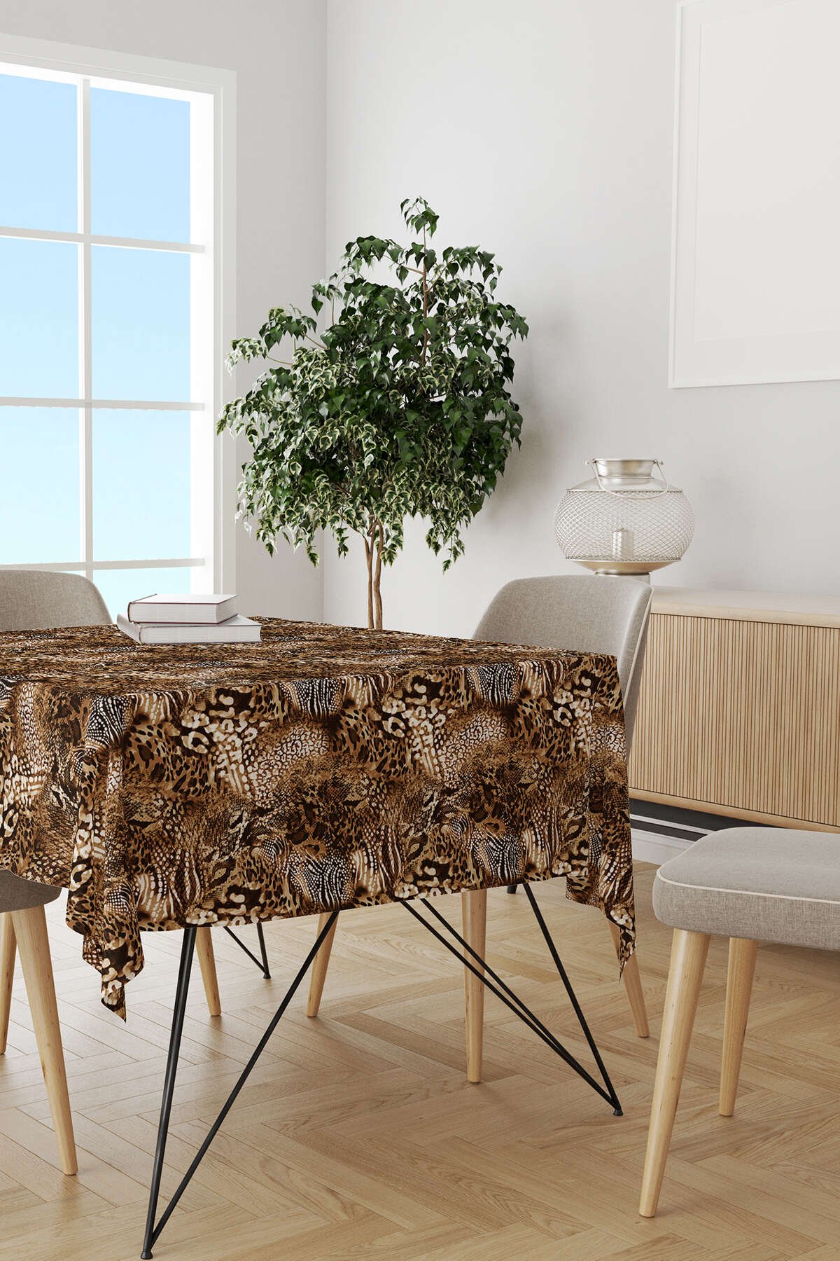 Kahverengi Beyaz Yılan Leopar Zebra Desenli Dijital Baskılı Masaörtüsü CGH369-MS