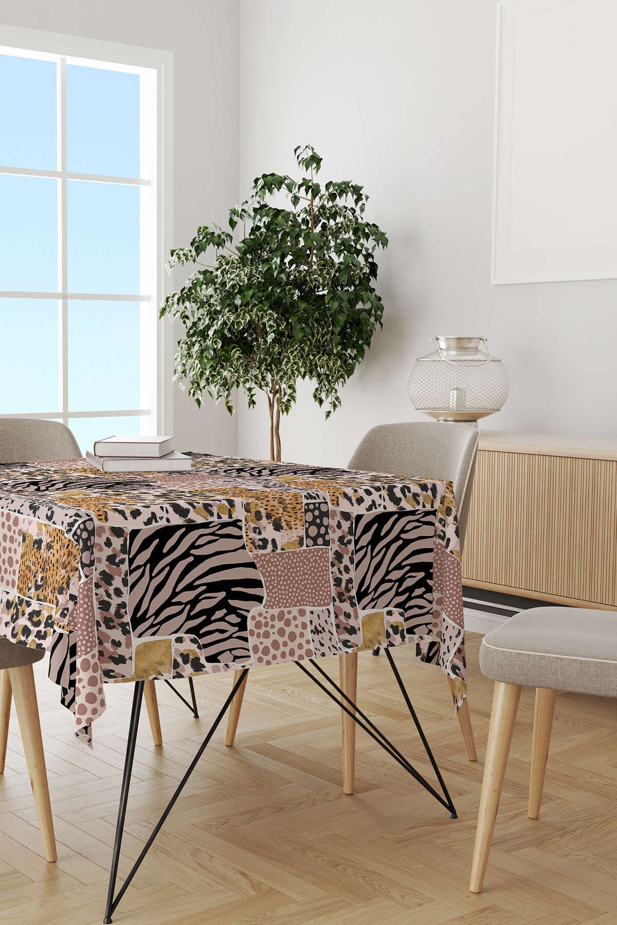Kahverengi Pembe Zebra Leopar Desenli Dijital Baskılı Masaörtüsü CGH359-MS