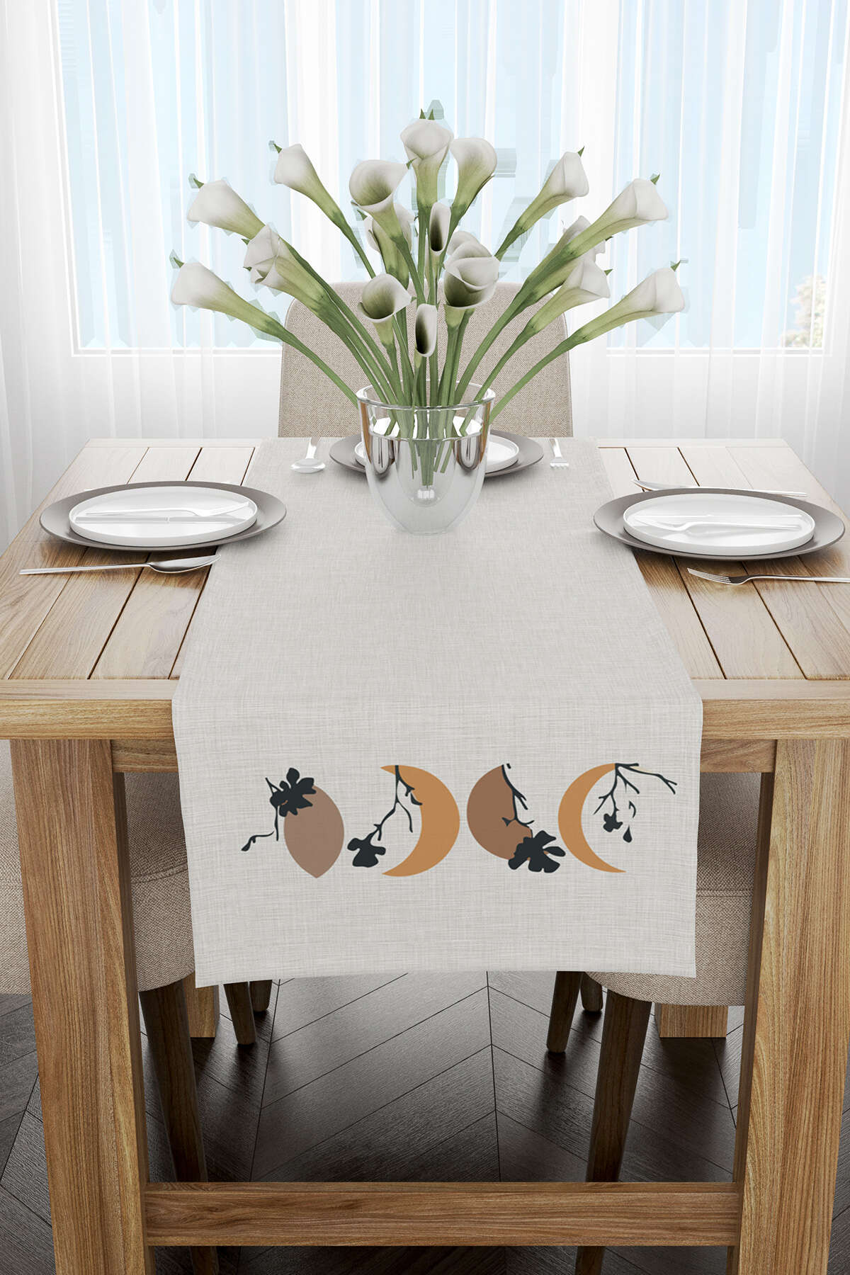 Kahverengi Siyah Bohem Modern Yaprak Desenli Dijital Baskılı Runner 4kmbs105-RN