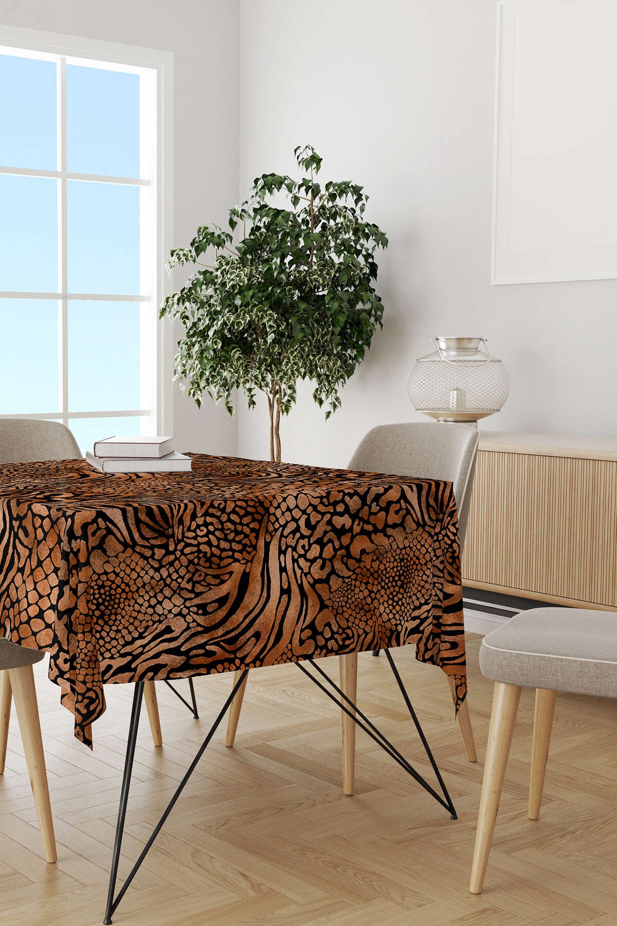 Kahverengi Turuncu Zebra Leopar Desenli Dijital Baskılı Masaörtüsü CGH350-MS