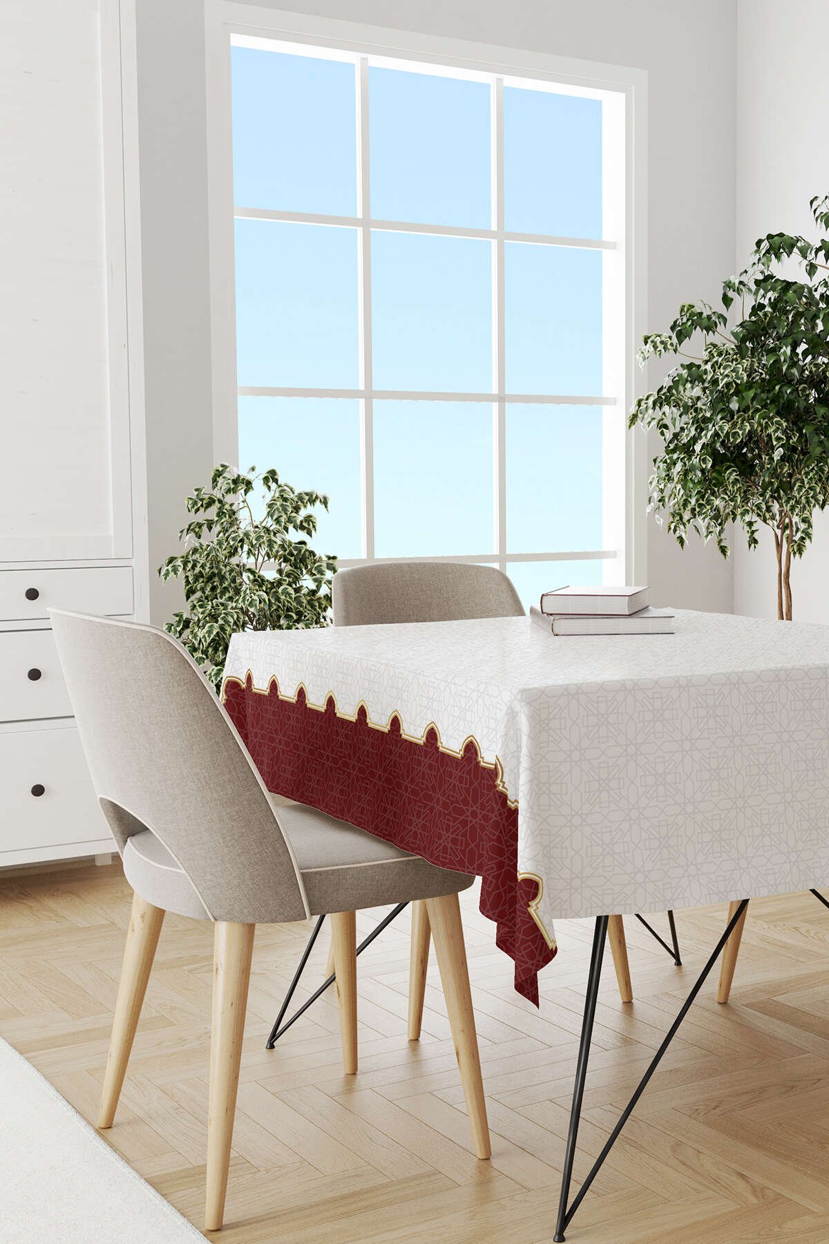 Kırmızı Beyaz Ramazan Temalı Dekoratif Desenli Dijital Baskılı Masaörtüsü CGH1313-MS