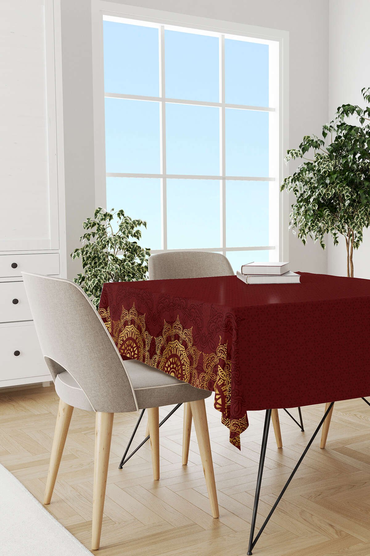 Kırmızı Bordo Ramazan Temalı Dekoratif Desenli Dijital Baskılı Masaörtüsü CGH1298-MS