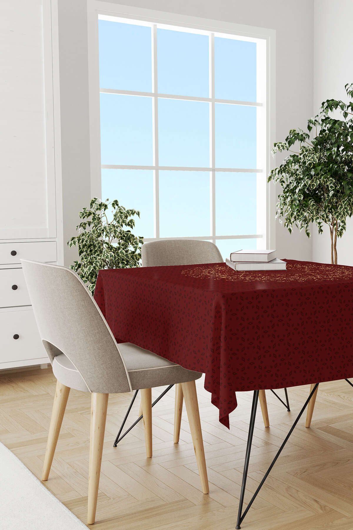 Kırmızı Bordo Ramazan Temalı Motif Desenli Dijital Baskılı Masaörtüsü CGH1286-MS