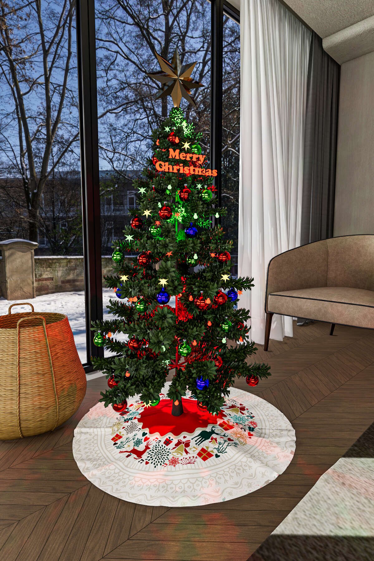 Kırmızı Çok Renkli Yılbaşı Temalı Dijital Baskılı Çam Ağacı Örtüsü