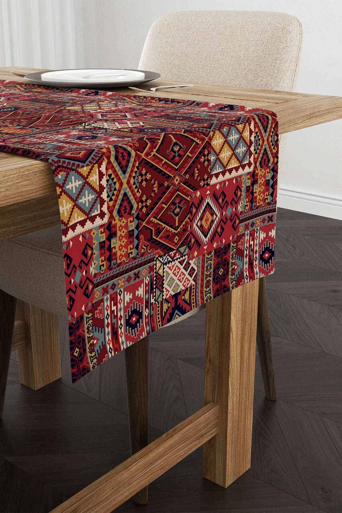 Kırmızı Etnik Motif Kilim Desenli Dijital Baskılı Runner CGH1348-RN