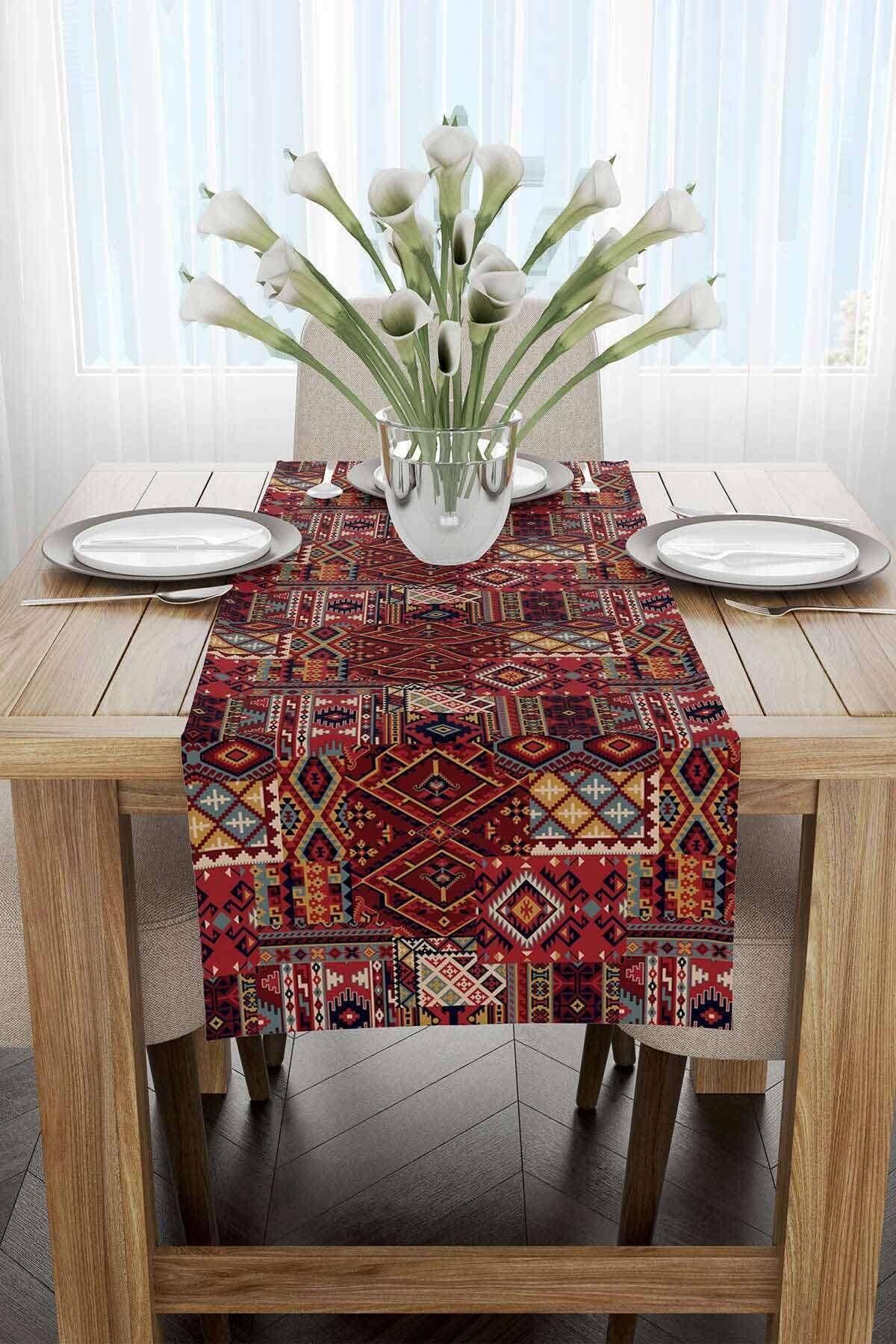 Kırmızı Etnik Motif Kilim Desenli Dijital Baskılı Runner CGH1348-RN