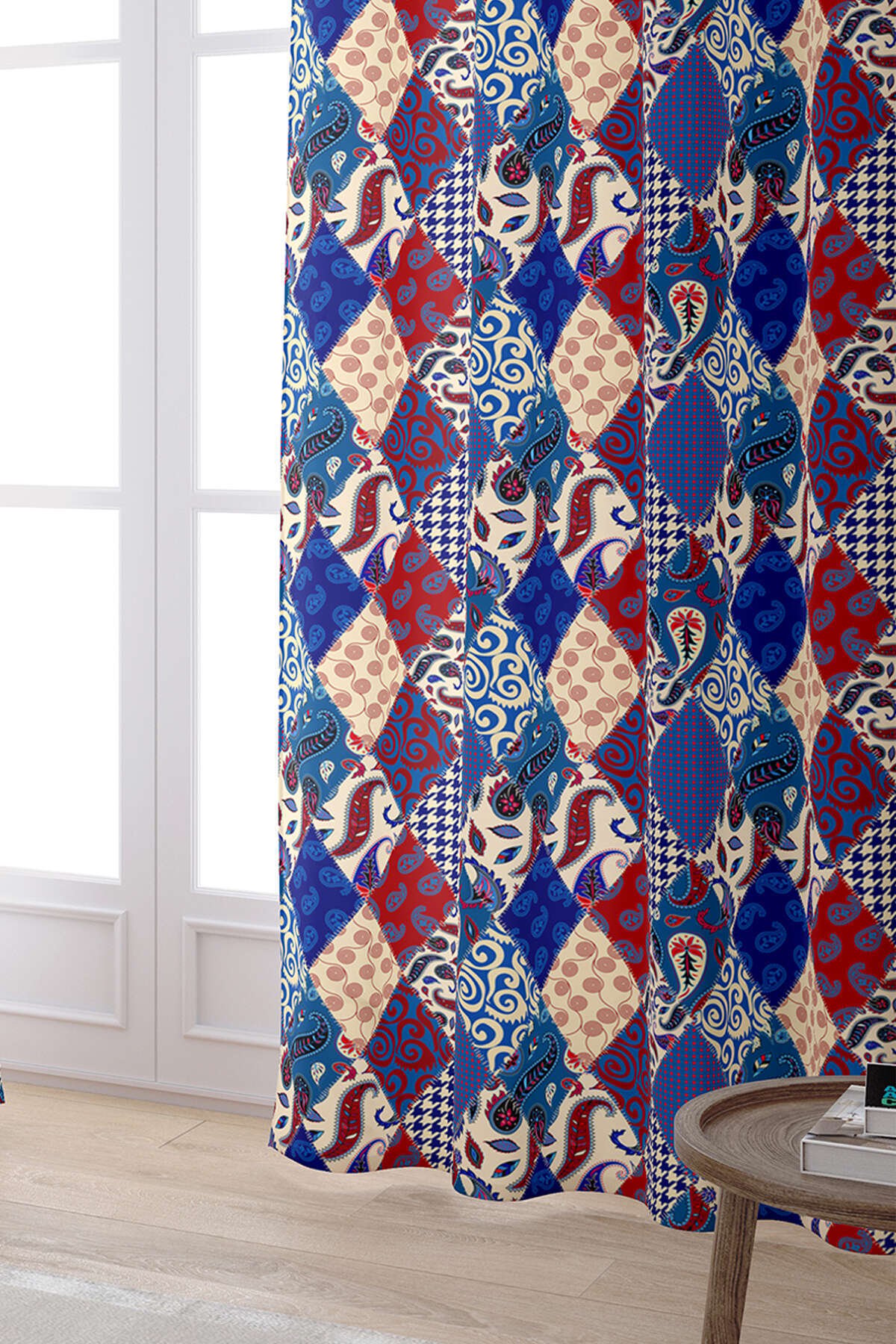 Kırmızı Lacivert Etnik Patchwork Desenli Dijital Baskılı Perde CGH622-PR