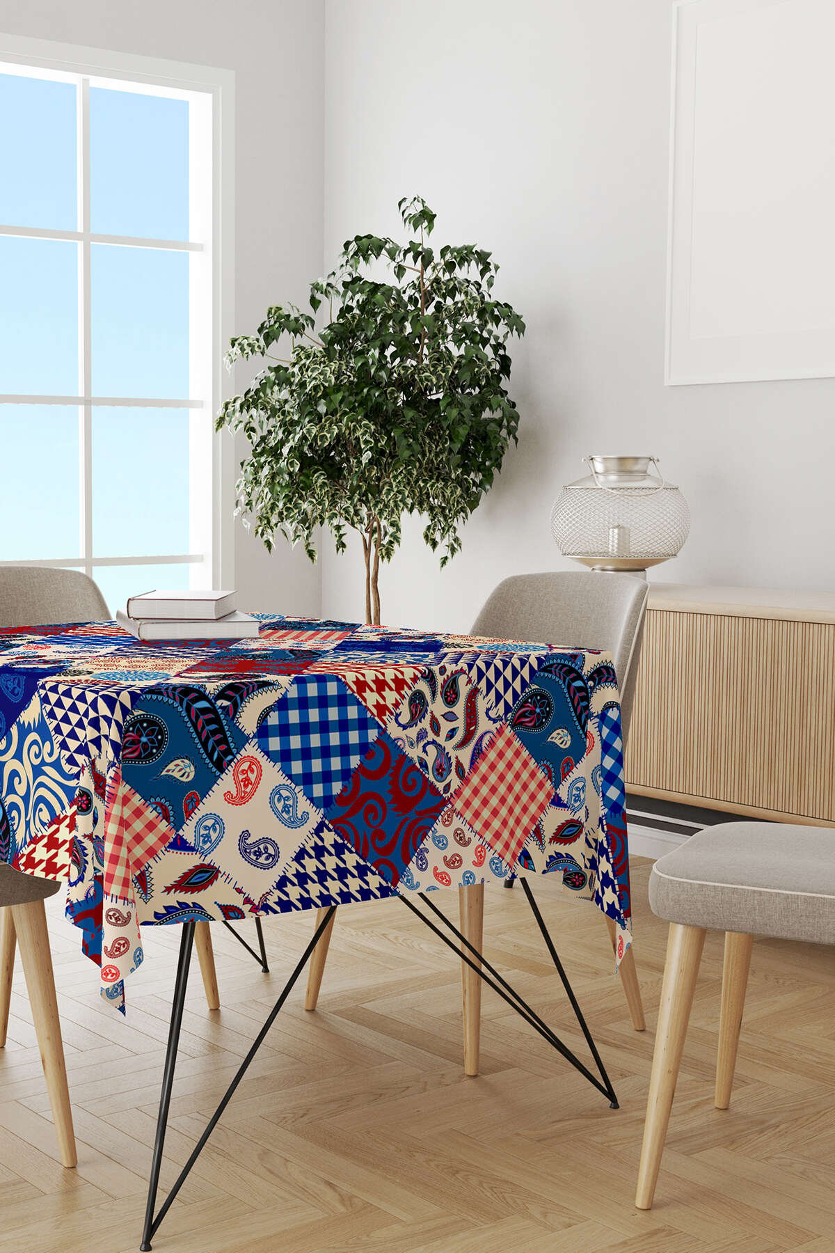 Kırmızı Mavi Etnik Patchwork Desenli Dijital Baskılı Masaörtüsü CGH605-MS