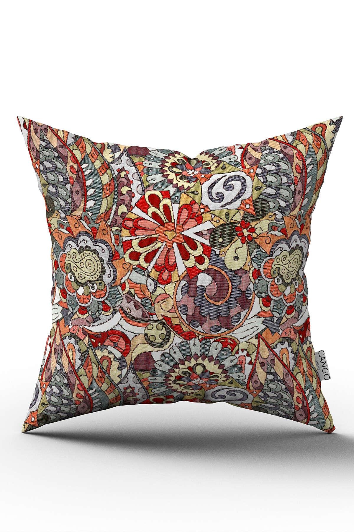Kırmızı Mavi Goblen Motif Desenli Dijital Baskılı Kırlent Kılıfı CGH1388 