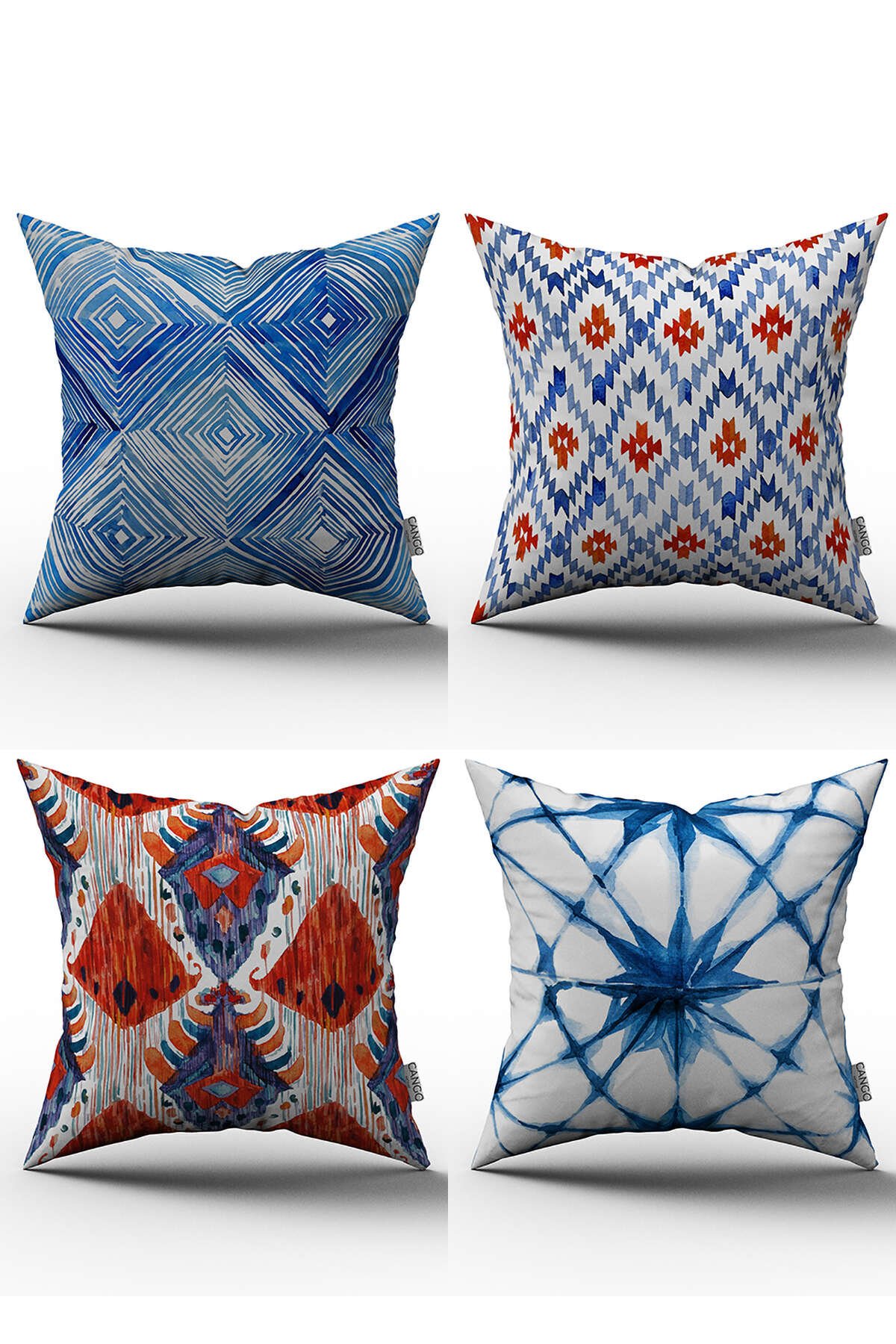 Kırmızı Mavi Soyut Dekoratif Desenli 4'lü Dijital Baskılı Kırlent Kılıfı Seti -  4kmbs050