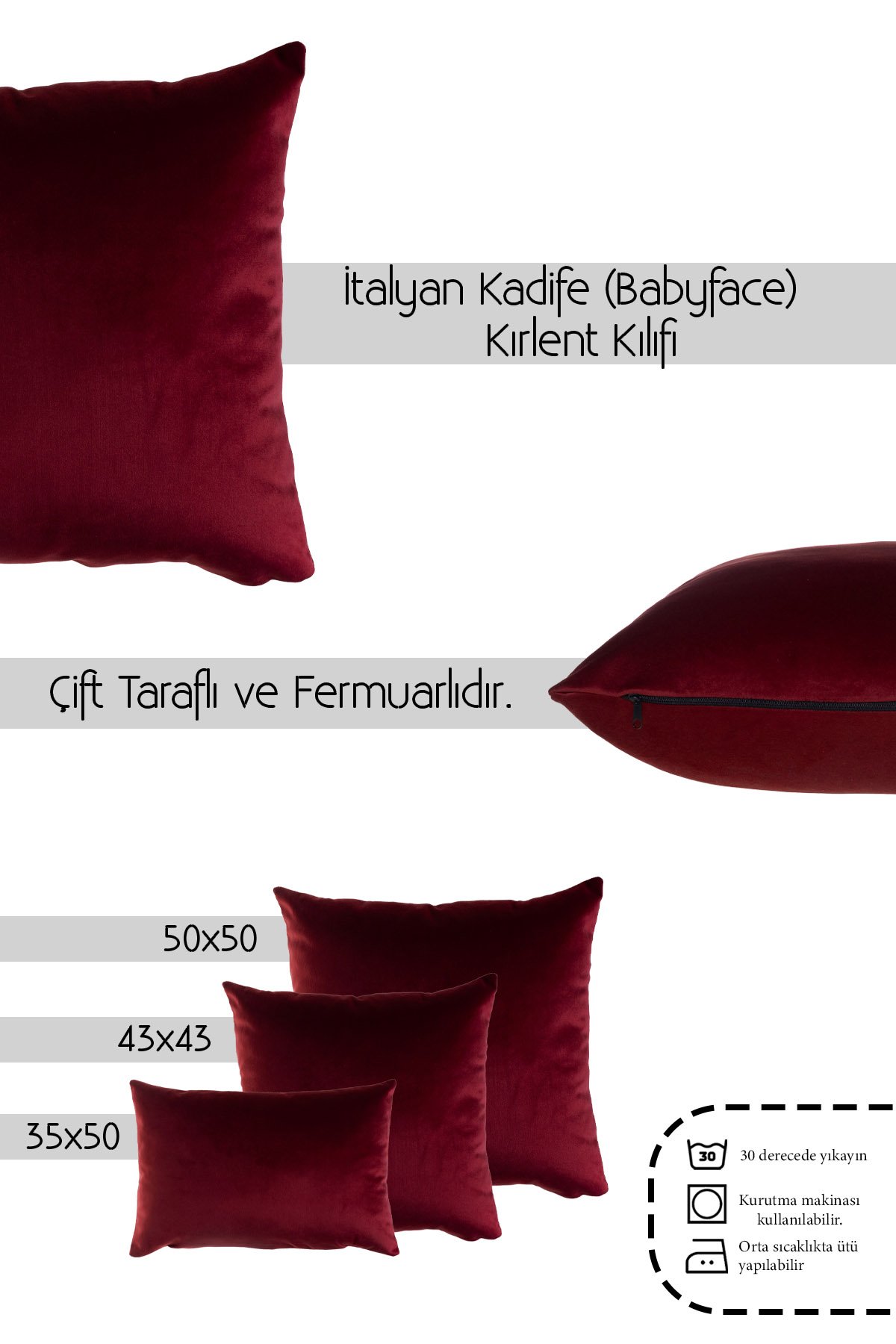 Koyu Kırmızı Kadife (Babyface) Çift Taraflı Kırlent Kılıfı
