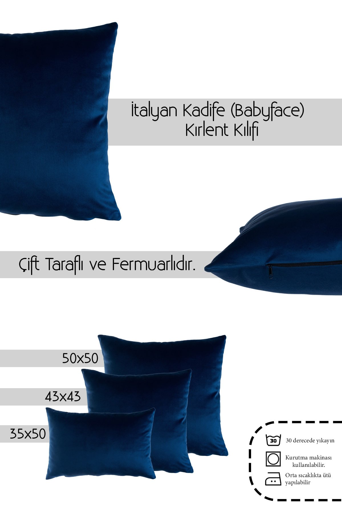Koyu Mavi Kadife (Babyface) Çift Taraflı Kırlent Kılıfı