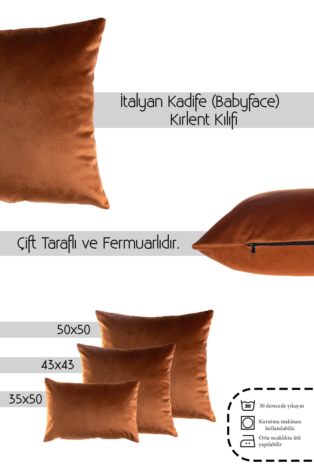 Koyu Turuncu Kadife (Babyface) Çift Taraflı Kırlent Kılıfı