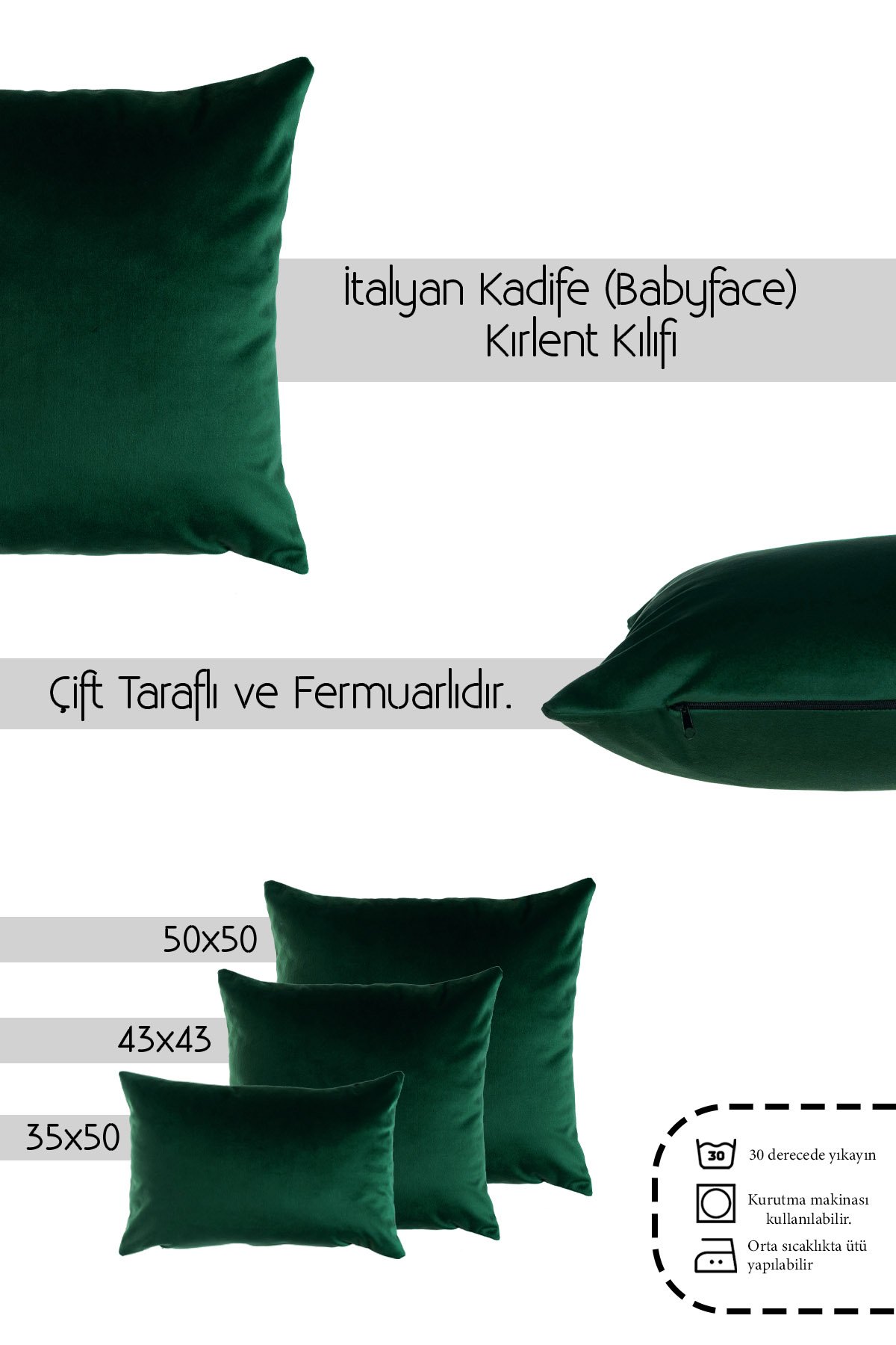 Koyu Yeşil Kadife (Babyface) Çift Taraflı Kırlent Kılıfı