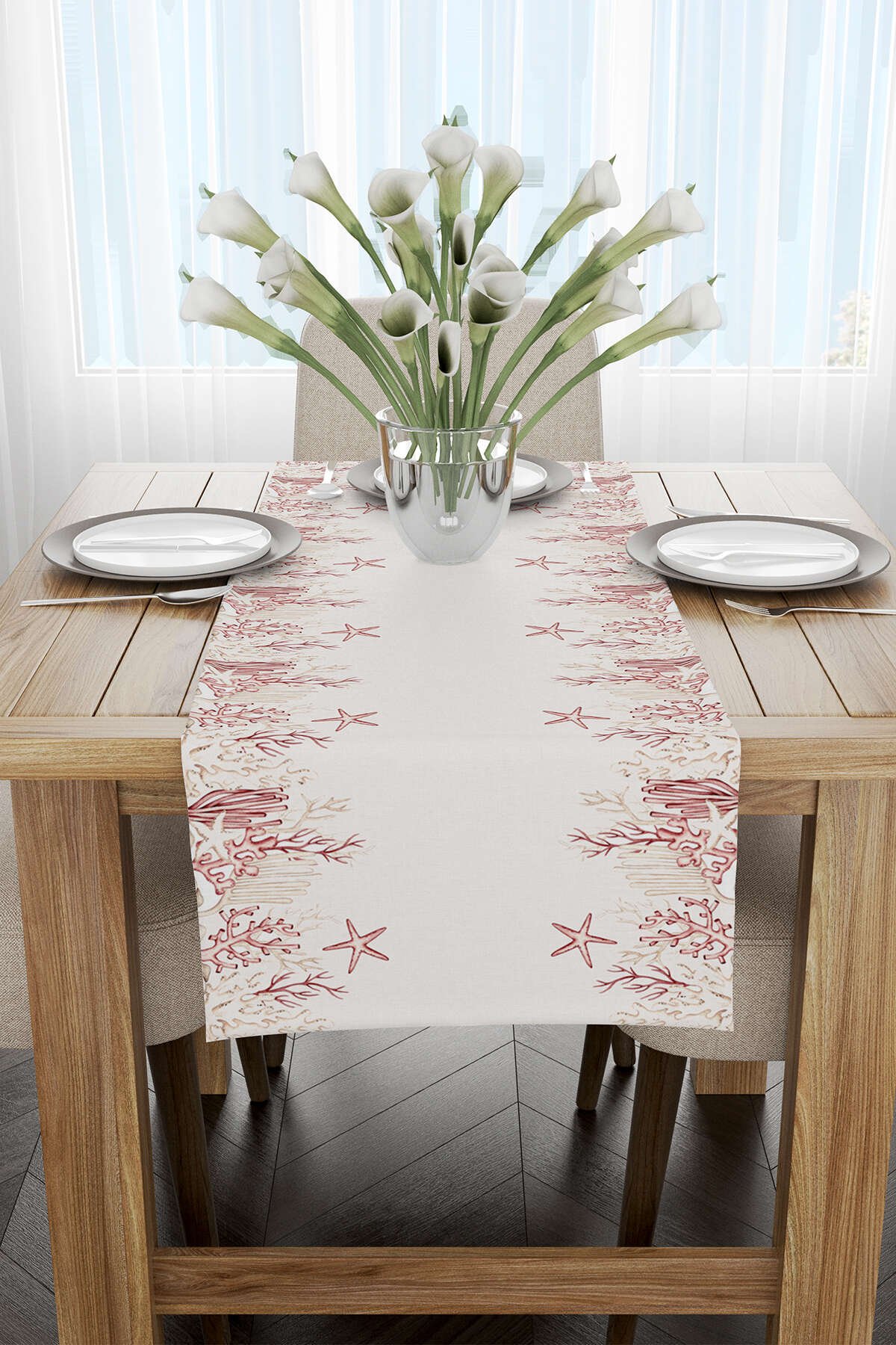 Krem Kırmızı Marin Desenli Dijital Baskılı Runner CGH1244-RN