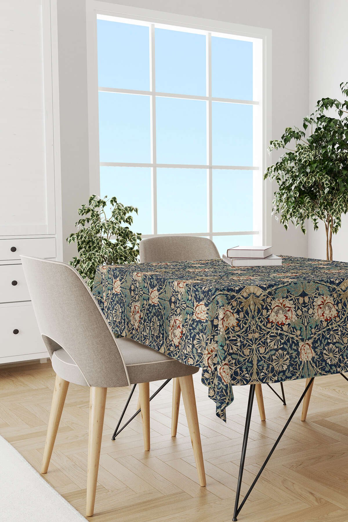 Krem Lacivert Ramazan Temalı Çiçek Desenli Dijital Baskılı Masaörtüsü CGH1338-MS