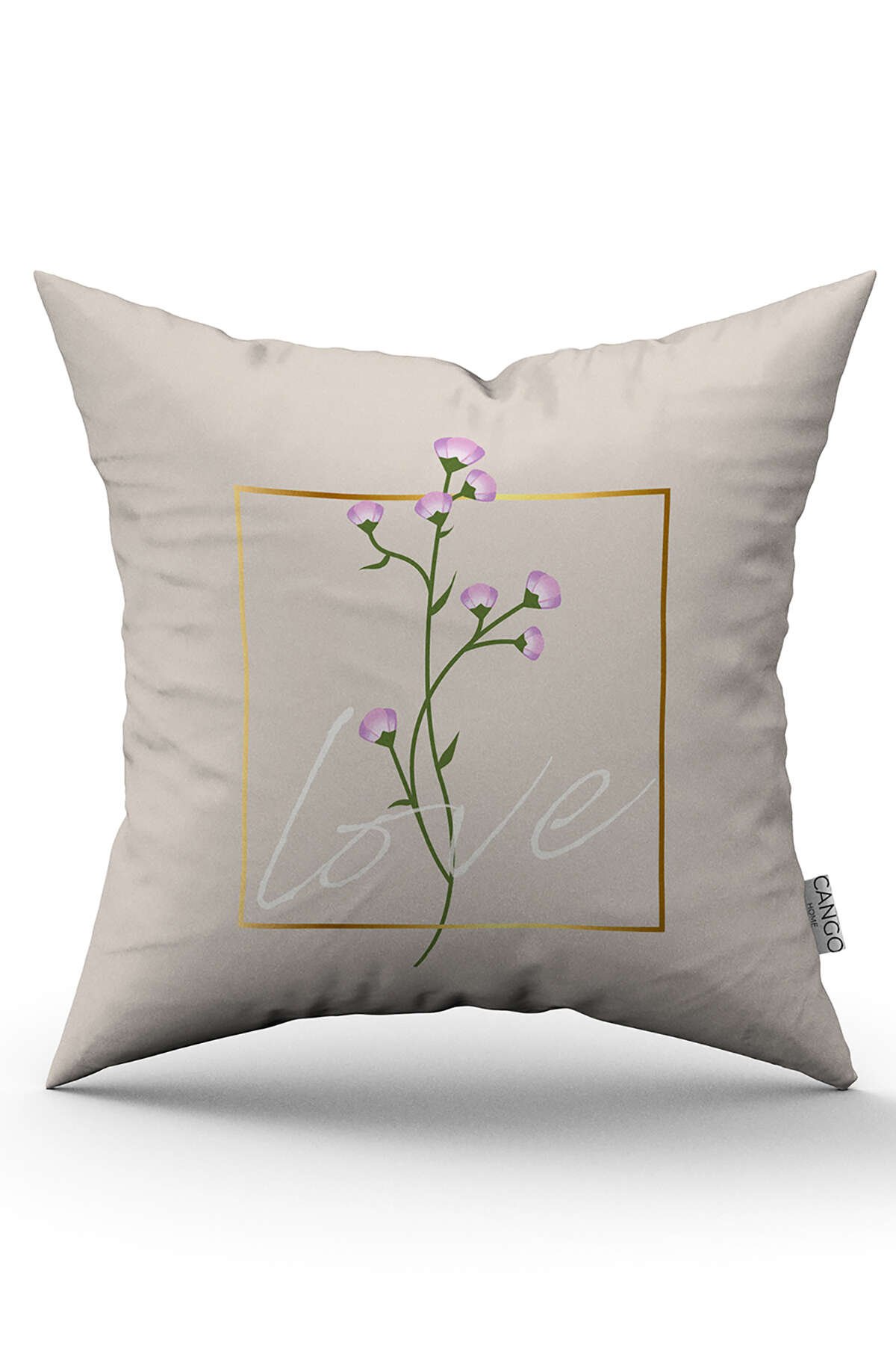 Krem Love Yazılı Çiçek Desenli Baskılı Kırlent Kılıfı CGH1010