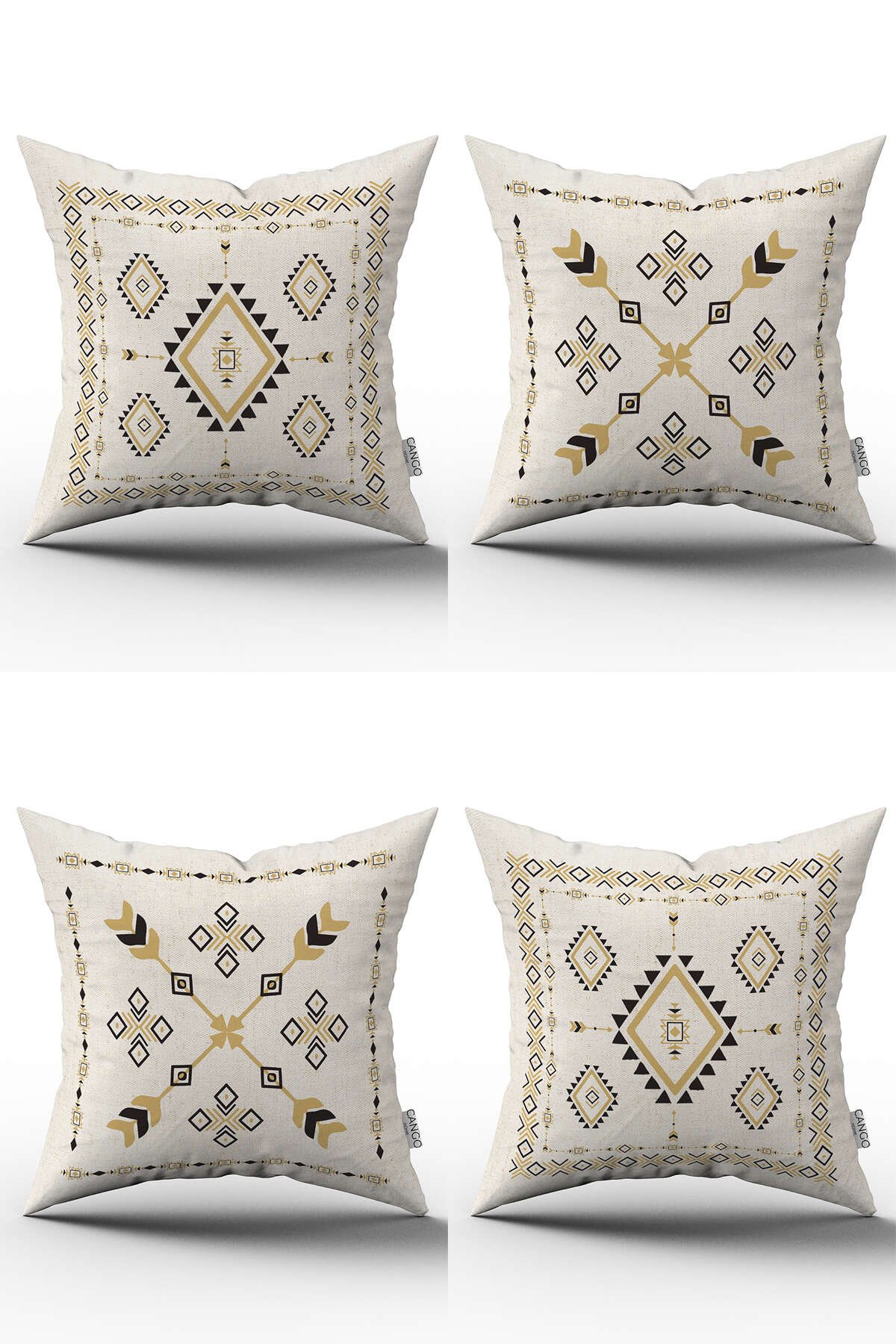 Krem Siyah Etnik Kilim Desenli 4'lü Dijital Baskılı Kırlent Kılıfı Seti - 4kmbs267
