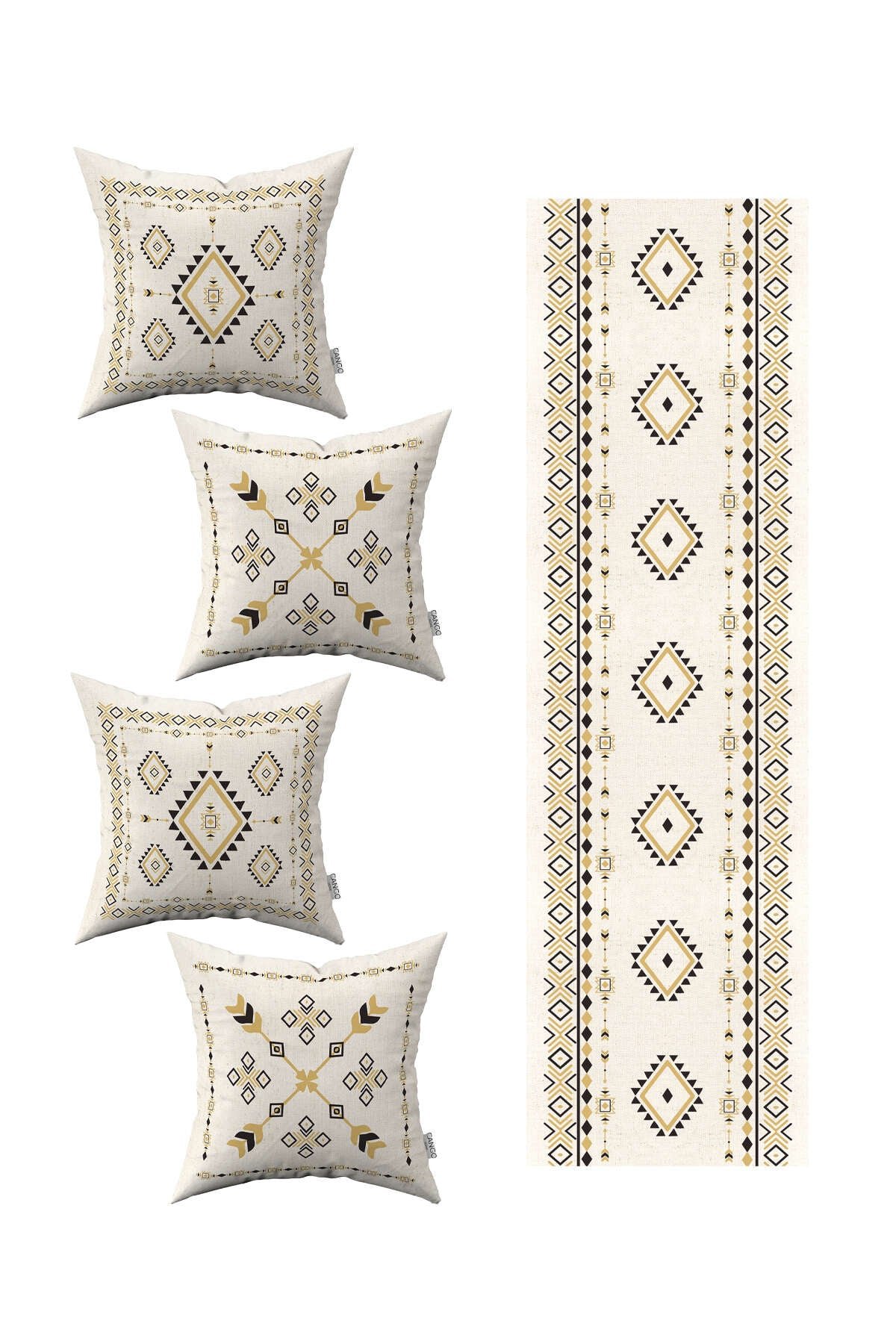 Krem Siyah Etnik Kilim Desenli 4'lü Kırlent Kılıfı 1 Runner Seti 4kmbs267-RS