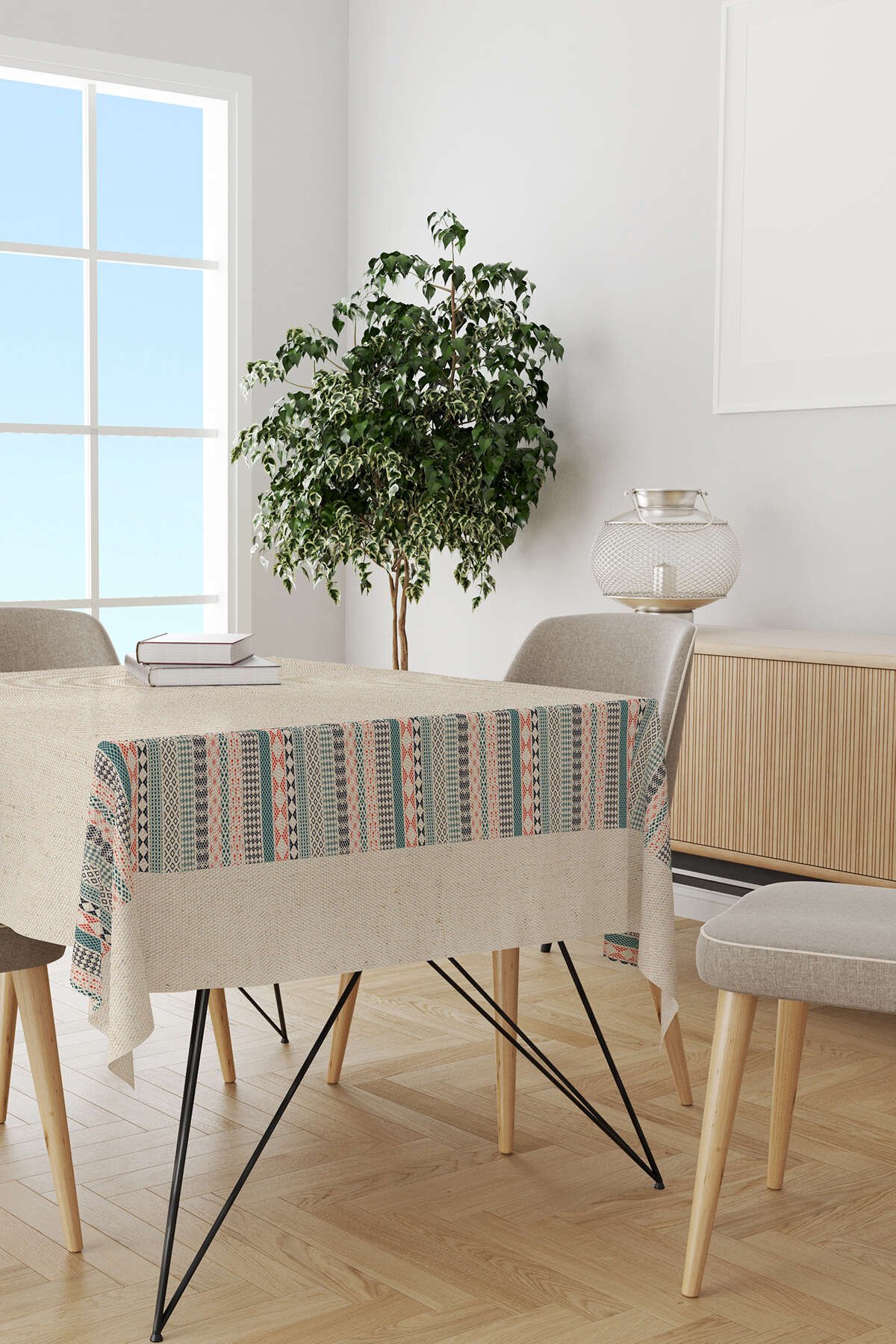 Krem Turuncu Etnik Kilim Desenli Dijital Baskılı Masaörtüsü CGH1108-MS