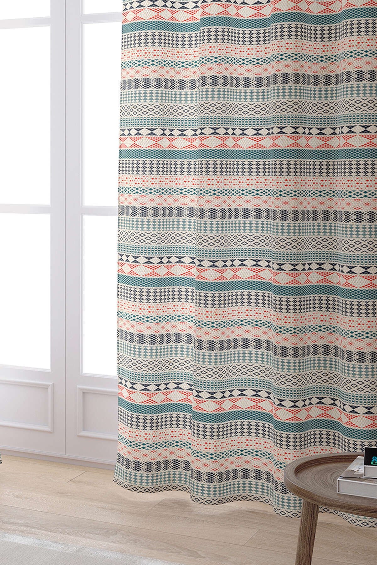 Krem Turuncu Etnik Kilim Desenli Dijital Baskılı Perde CGH1109-PR