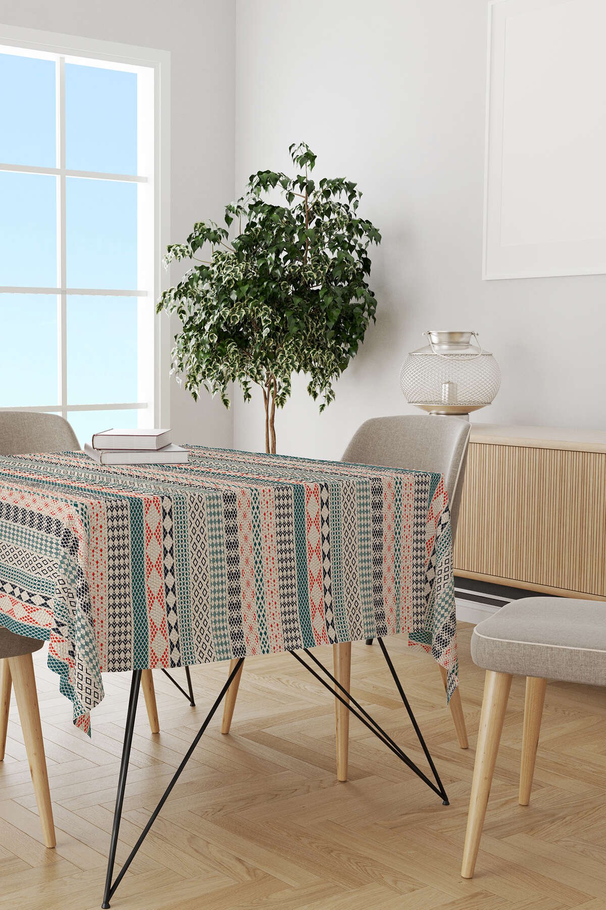 Krem Turuncu Etnik Kilim Desenli Dijital Baskılı Masaörtüsü CGH1109-MS