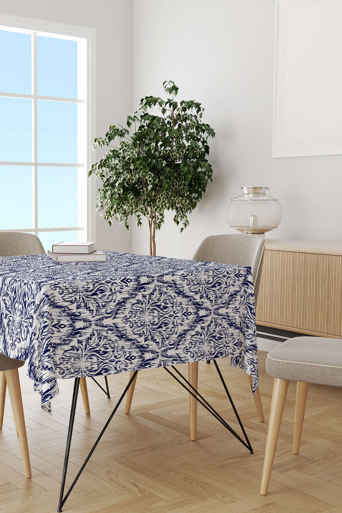 Lacivert Beyaz Damask Desenli Masaörtüsü CGH089-MS