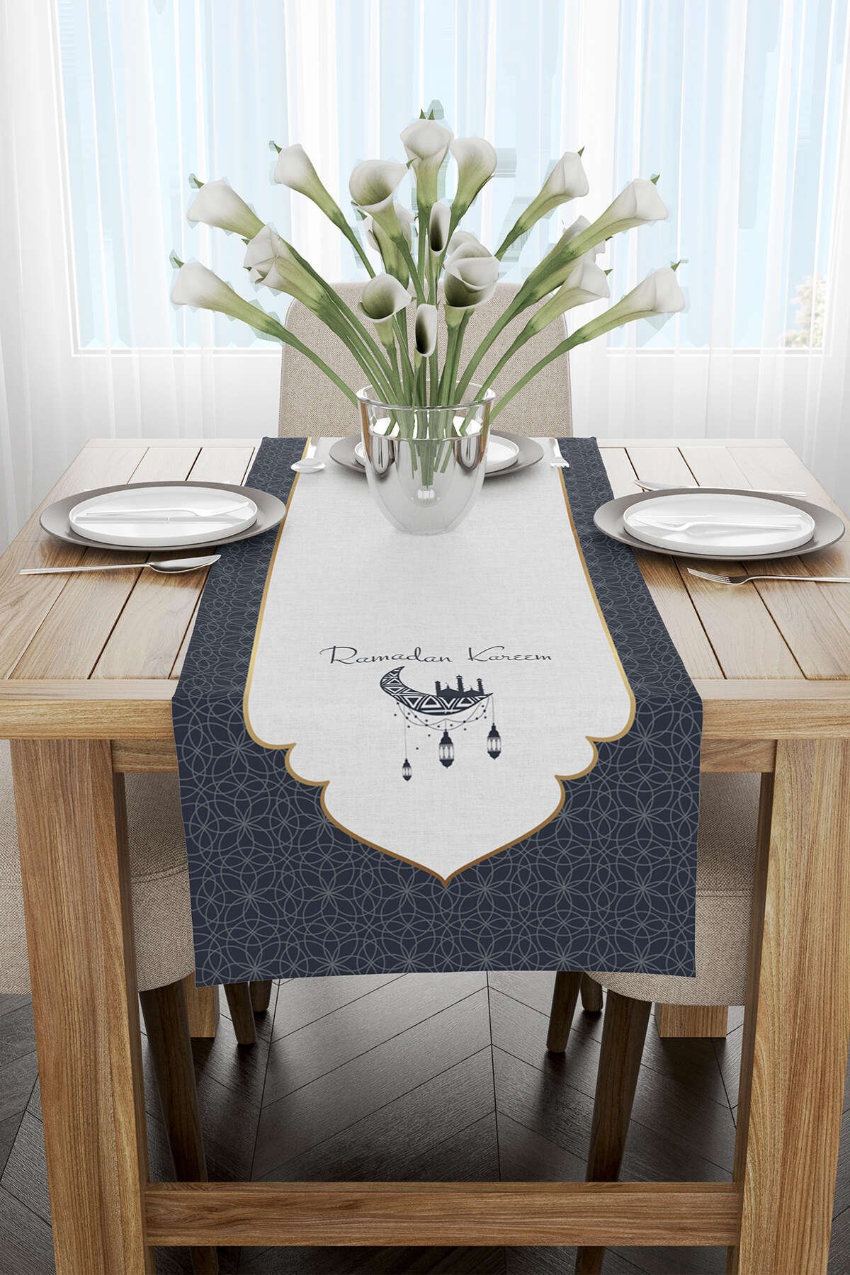 Lacivert Beyaz Ramazan Temalı Dekoratif Desenli Dijital Baskılı Runner CGH1307-RN
