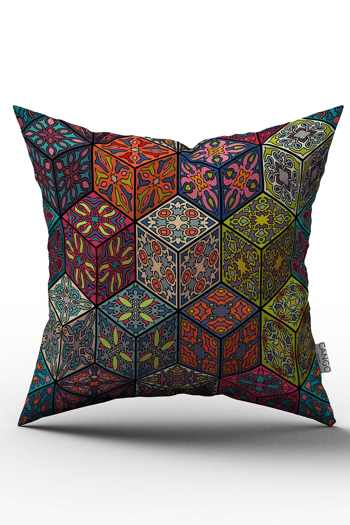 Lacivert Çok Renkli Retro Vintage Desenli Dijital Baskılı Kırlent Kılıfı  - OTYK018