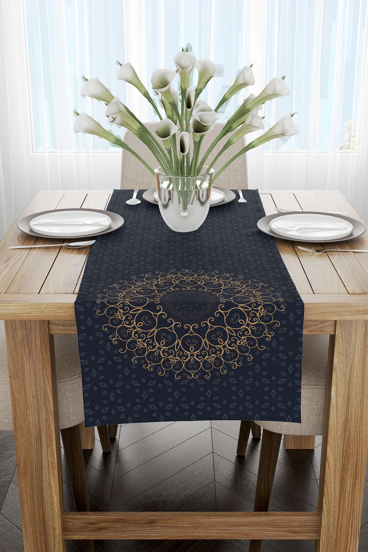 Lacivert Mavi Ramazan Temalı Motif Desenli Dijital Baskılı Runner CGH1288-RN
