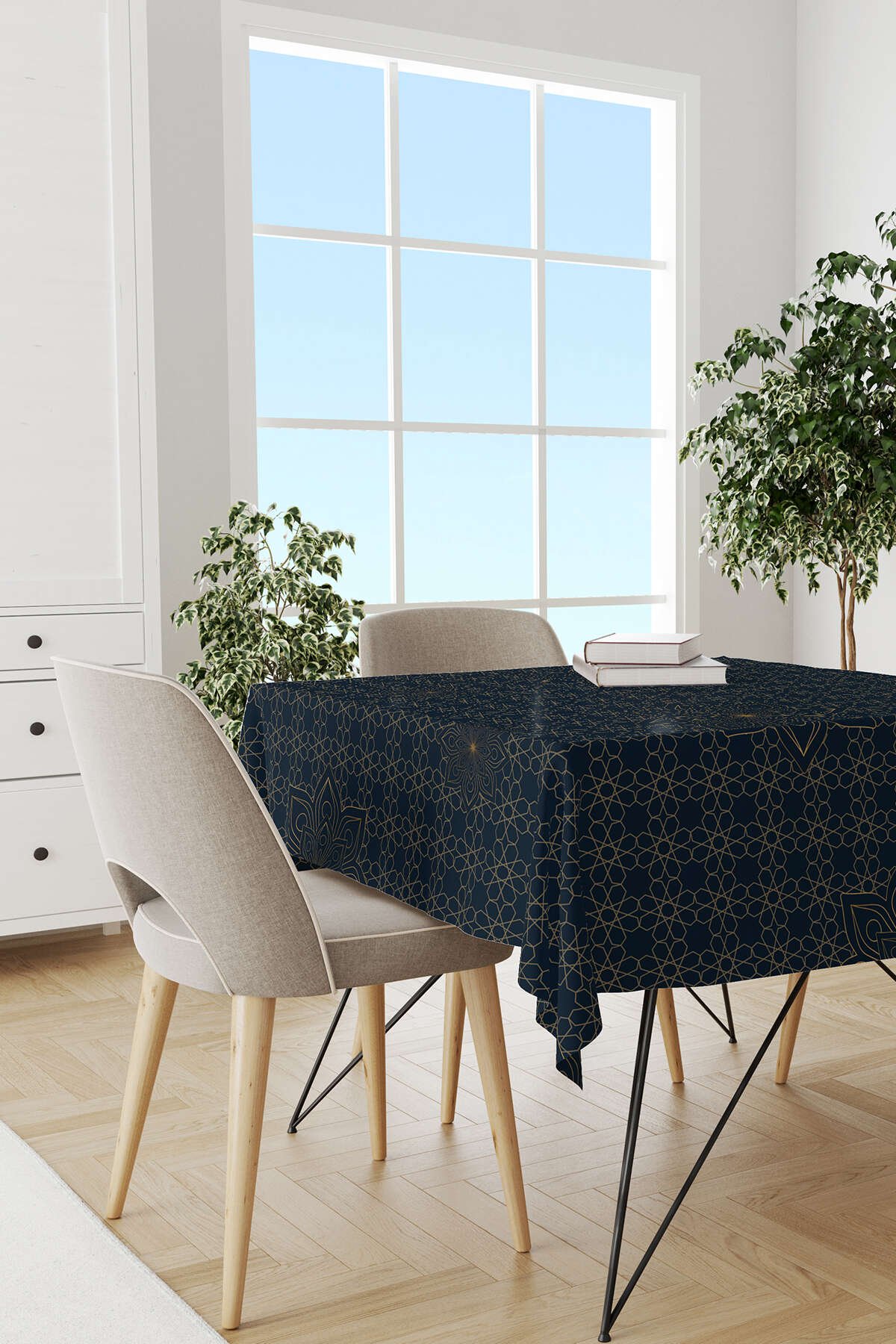 Lacivert Sarı Ramazan Temalı Dekoratif Desenli Dijital Baskılı Masaörtüsü CGH1295-MS