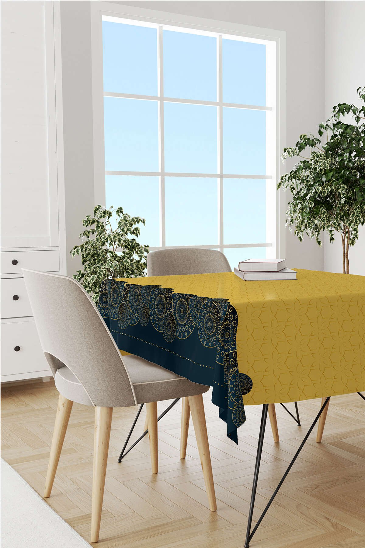 Lacivert Sarı Ramazan Temalı Dekoratif Desenli Dijital Baskılı Masaörtüsü CGH1342-MS