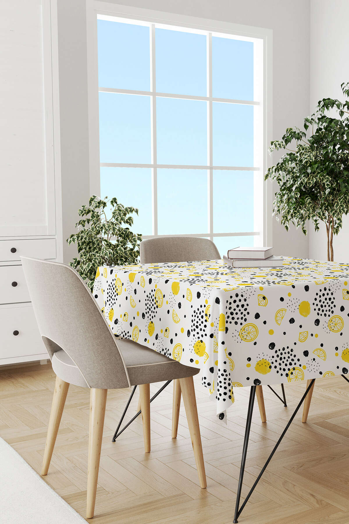 Limonlu Sarı Yeşil Dijital Baskılı Masa Örtüsü