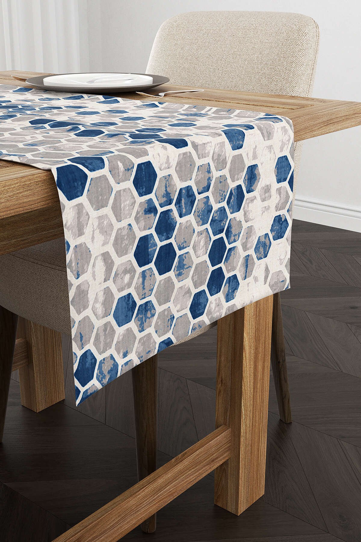 Mavi Gri Geometrik Petek Desenli Dijital Baskılı Runner - YST11-RN