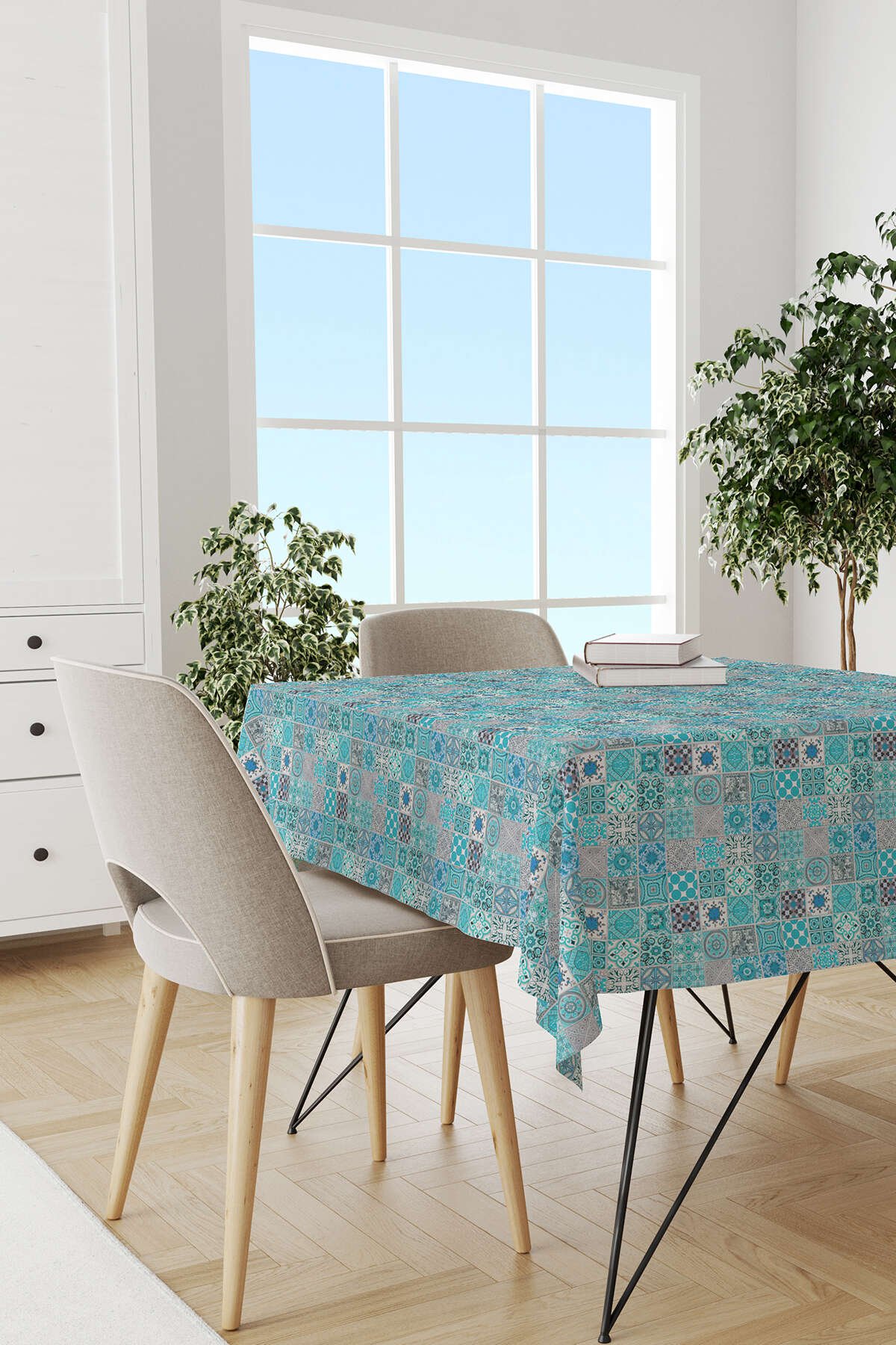 Mavi Gri Ramazan Temalı Dekoratif Desenli Dijital Baskılı Masaörtüsü CGH1331-MS