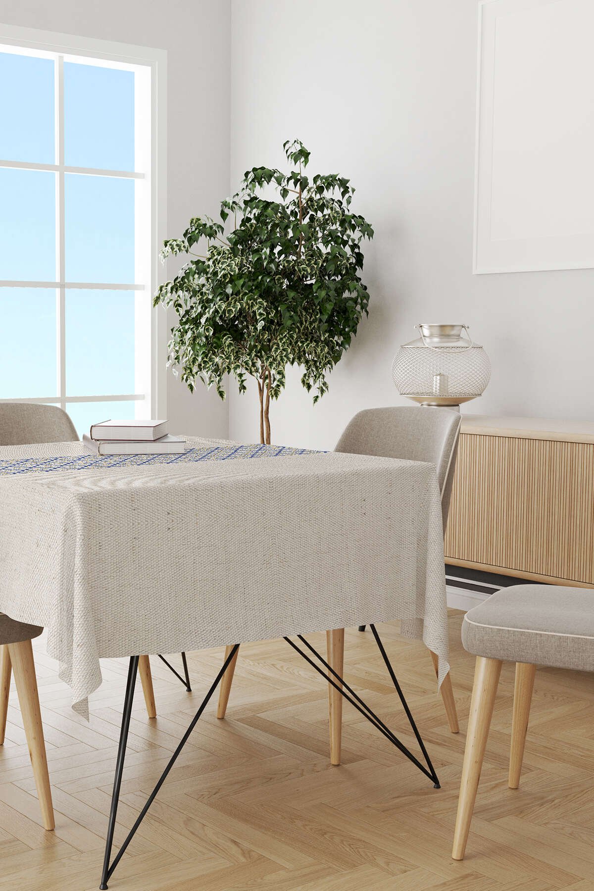 Mavi Sarı Dekoratif Desenli Dijital Baskılı Masaörtüsü CGH1051-MS