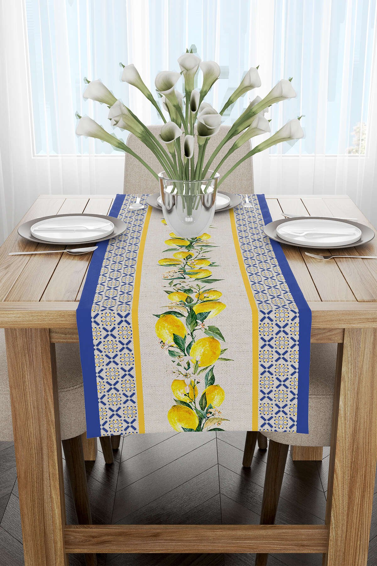 Mavi Sarı Dekoratif Limon Desenli Dijital Baskılı Runner CGH1050-RN