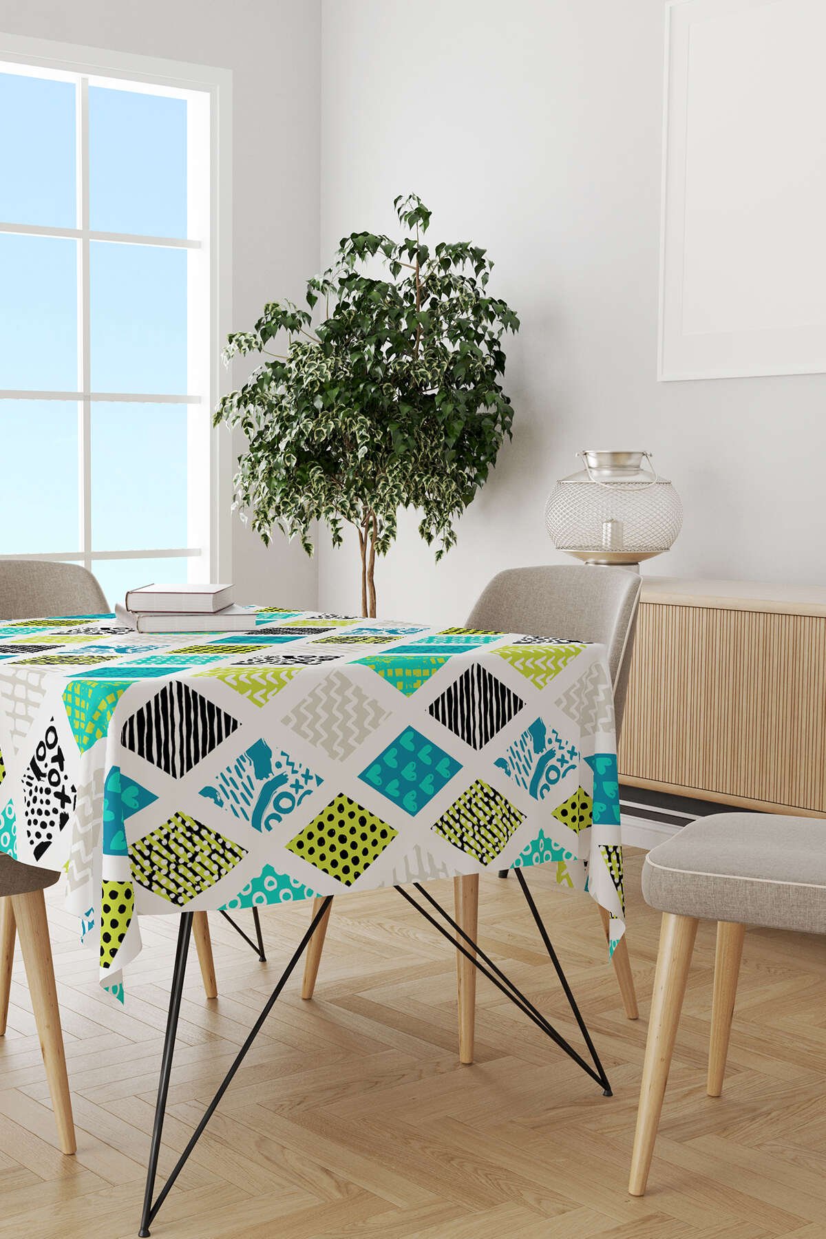 Mavi Yeşil Modern Geometrik Desenli Masaörtüsü CGH065-MS