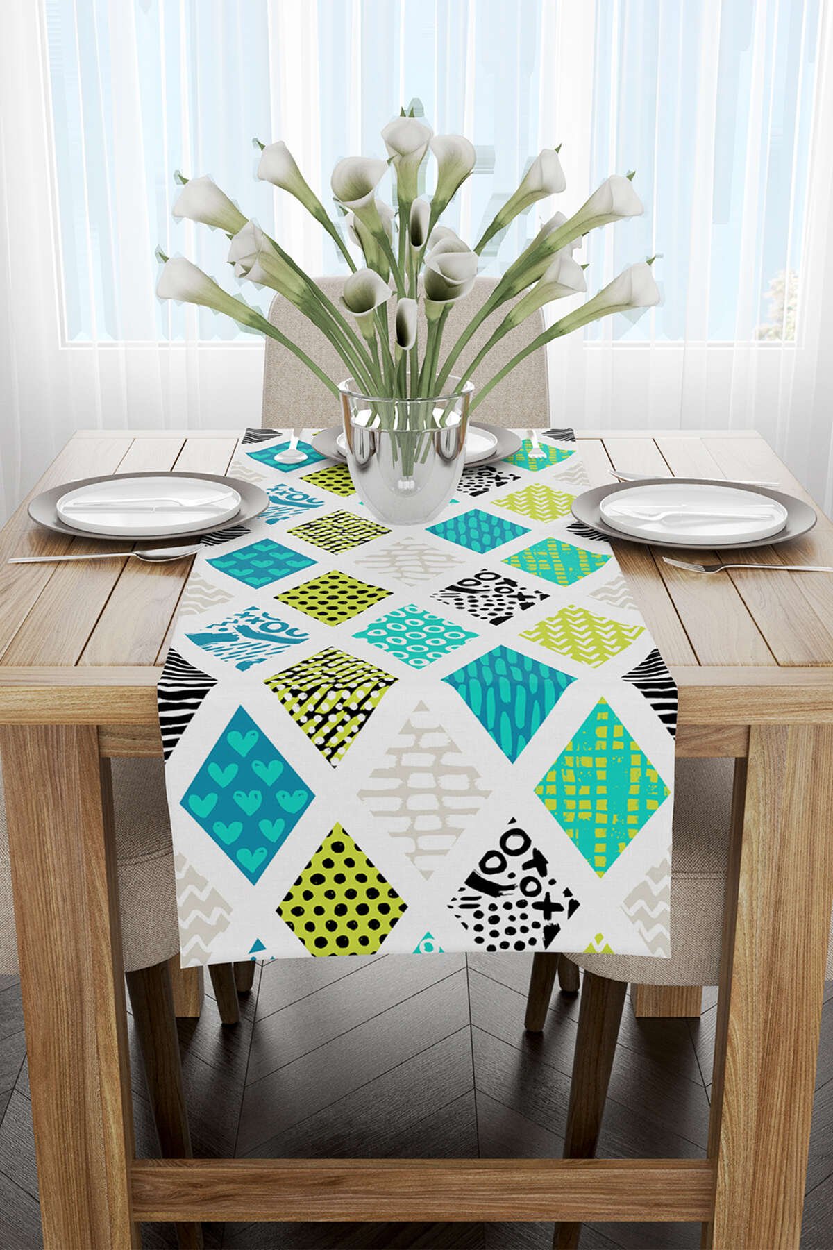 Mavi Yeşil Modern Geometrik Desenli Runner - CGH065-RN