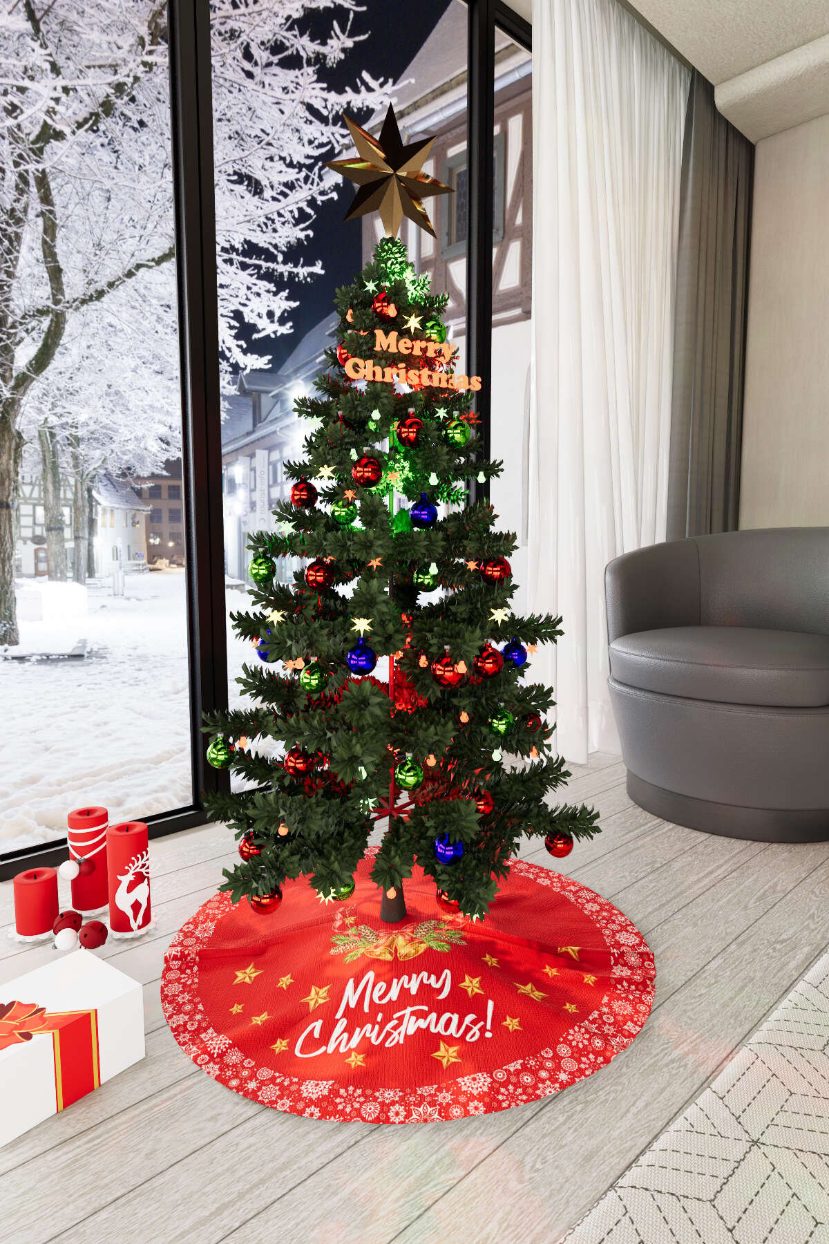 Merry Christmas Kırmızı Yılbaşı Çam Ağacı Örtüsü New Year